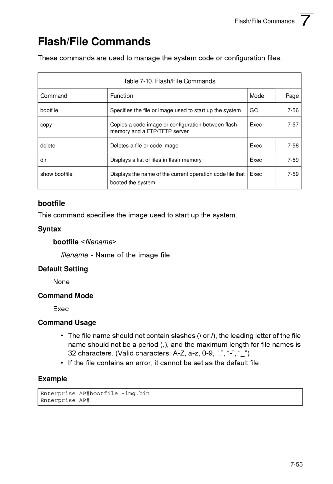 SMC Networks SMC2552W-G2-17 manual Flash/File Commands Function Mode, Syntax Bootfile filename 