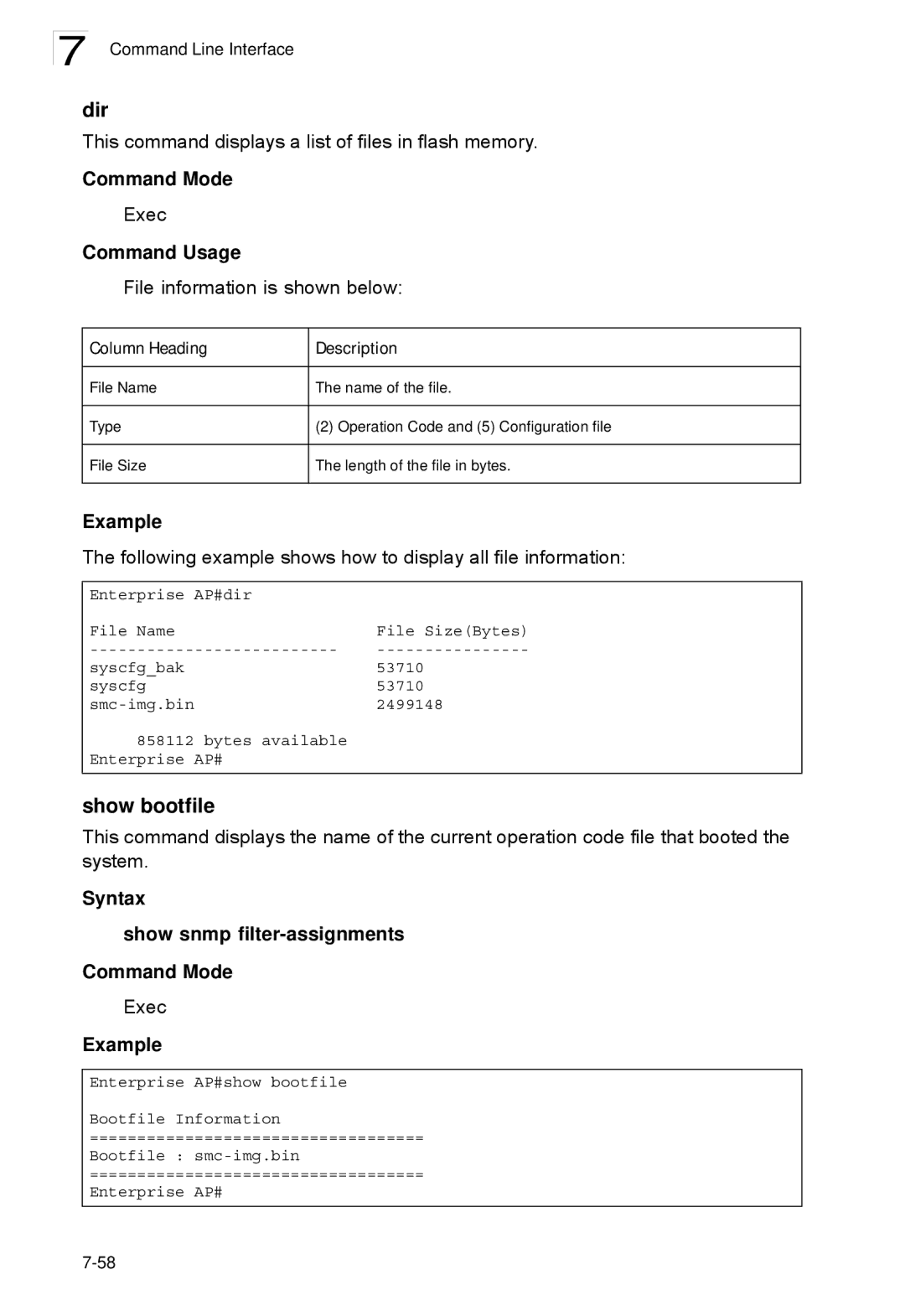 SMC Networks SMC2552W-G2-17 manual Dir, Show bootfile, Column Heading Description 