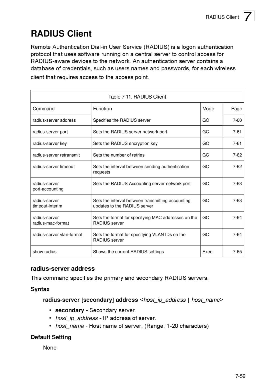 SMC Networks SMC2552W-G2-17 manual Radius-server address, Radius Client Command Function Mode 