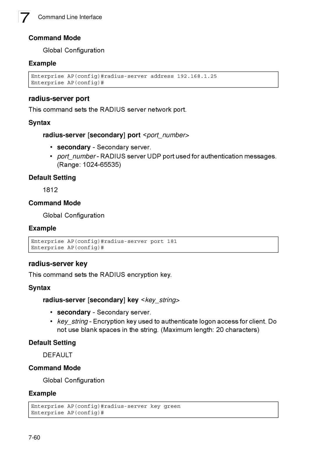 SMC Networks SMC2552W-G2-17 manual Radius-server port, Radius-server key, Syntax Radius-server secondary port portnumber 