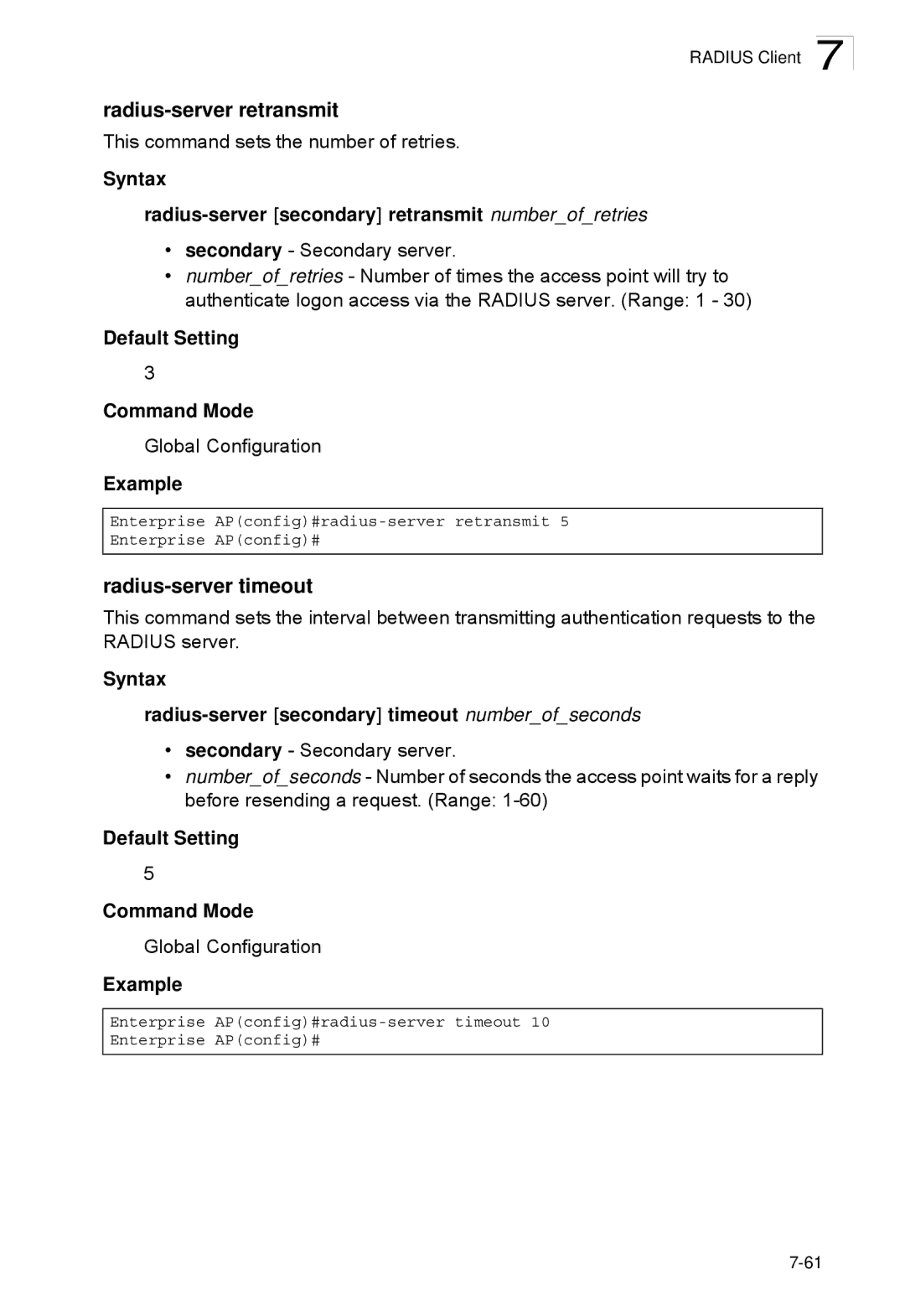 SMC Networks SMC2552W-G2-17 manual Radius-server retransmit, Radius-server timeout 