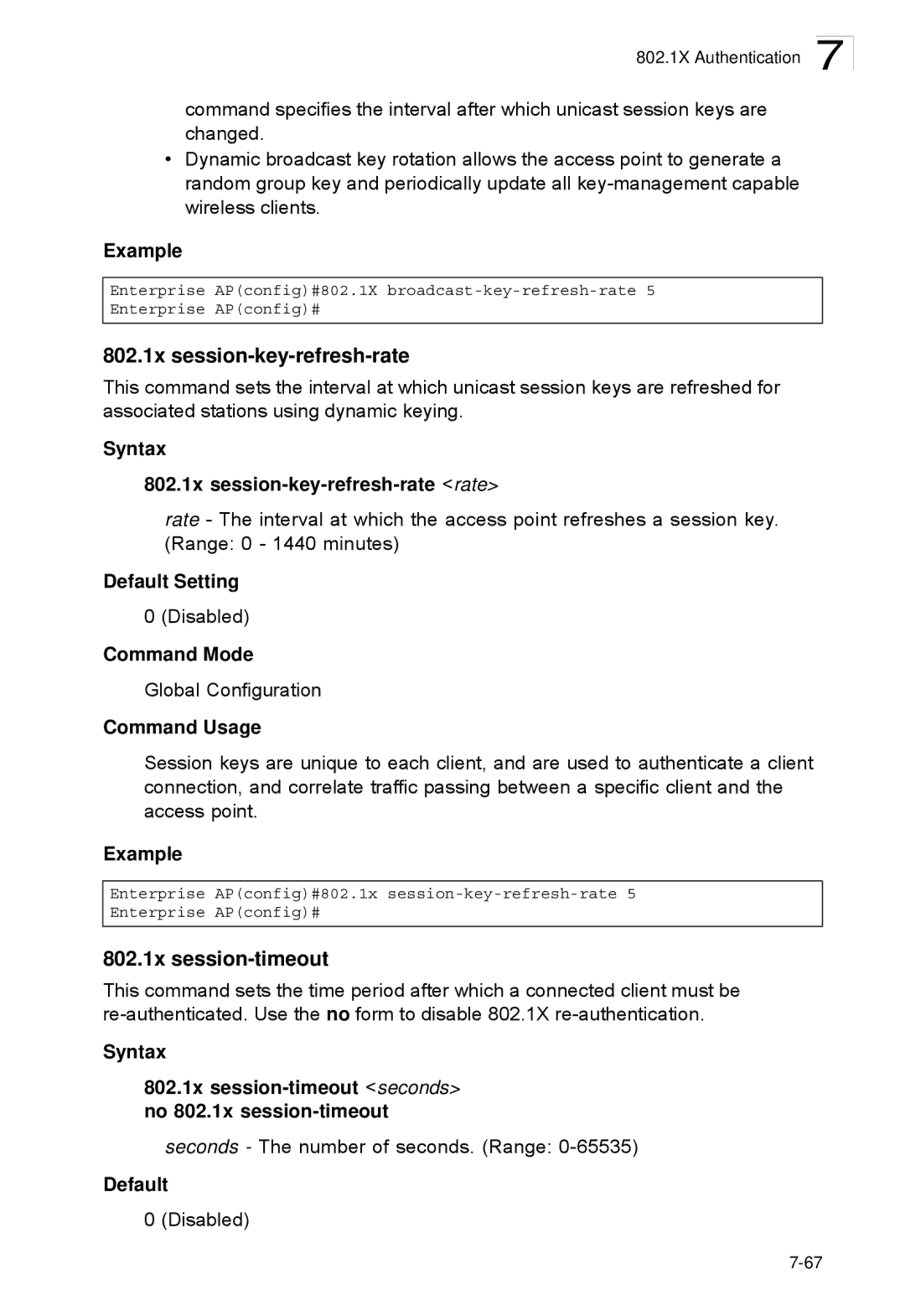 SMC Networks SMC2552W-G2-17 manual 802.1x session-key-refresh-rate, 802.1x session-timeout, Default 