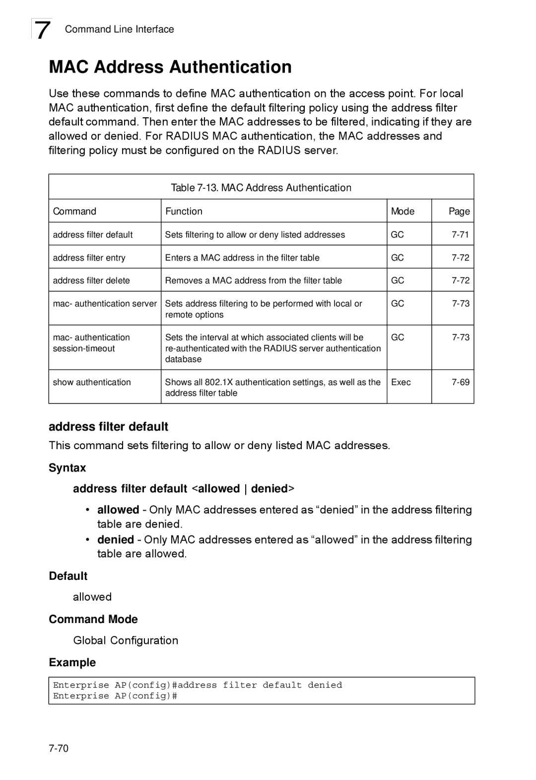 SMC Networks SMC2552W-G2-17 manual MAC Address Authentication, Address filter default 