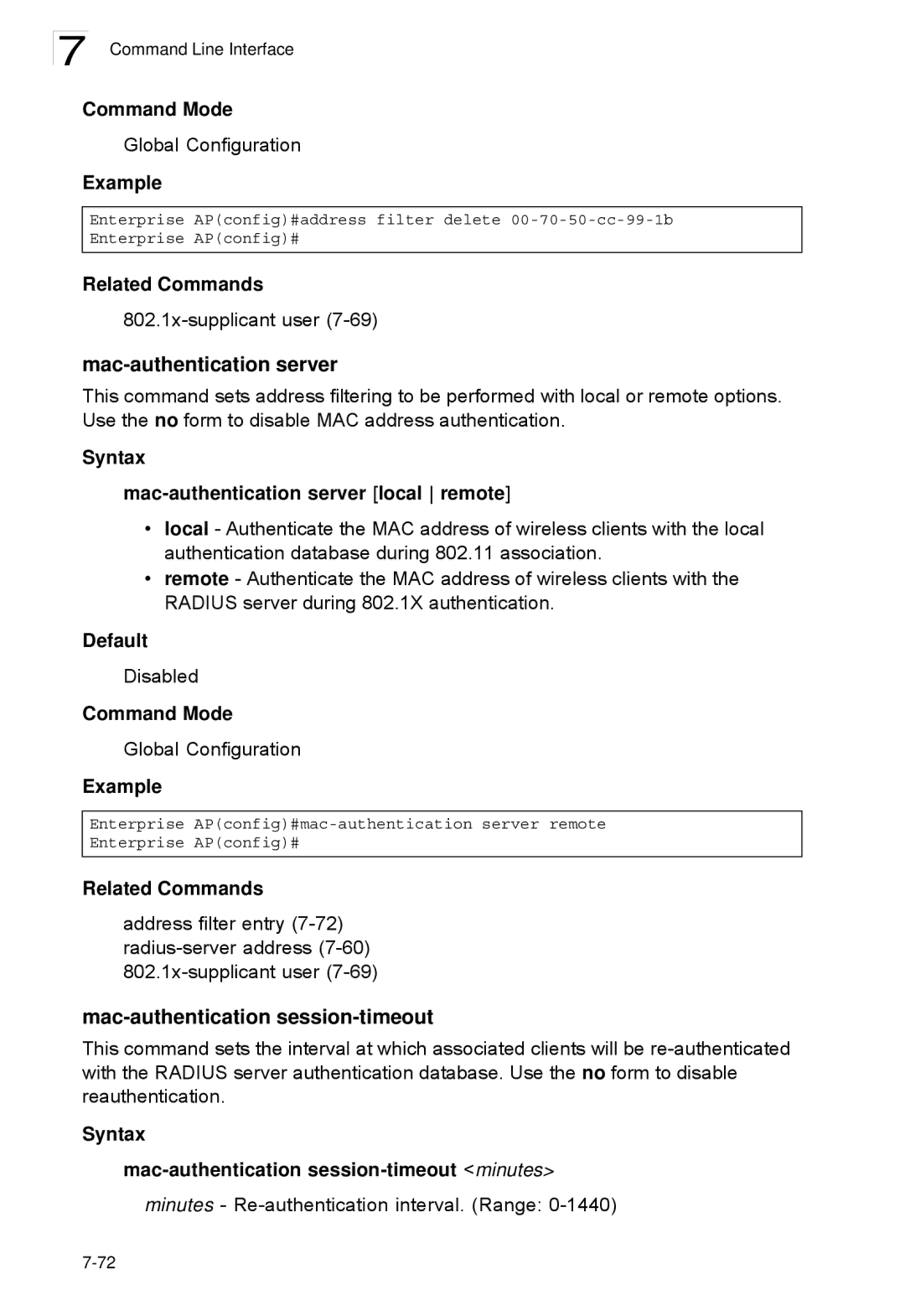 SMC Networks SMC2552W-G2-17 manual Mac-authentication server, Mac-authentication session-timeout 