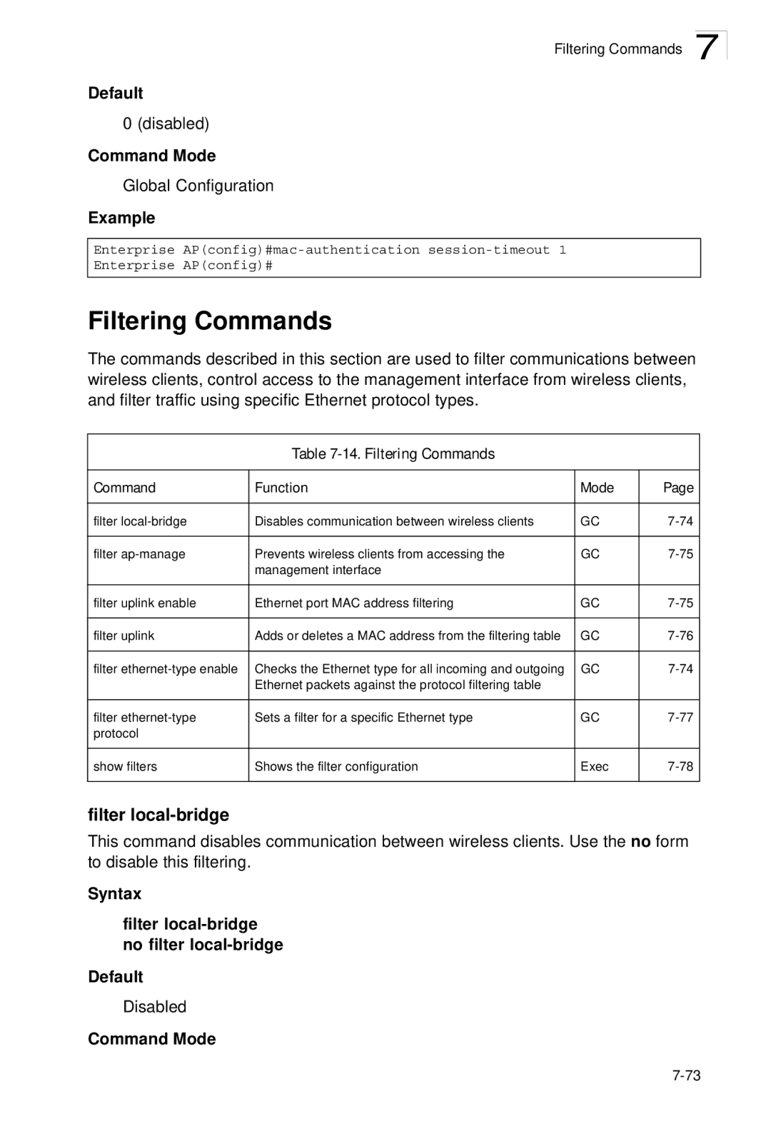 SMC Networks SMC2552W-G2-17 manual Filter local-bridge, Filtering Commands Function Mode 