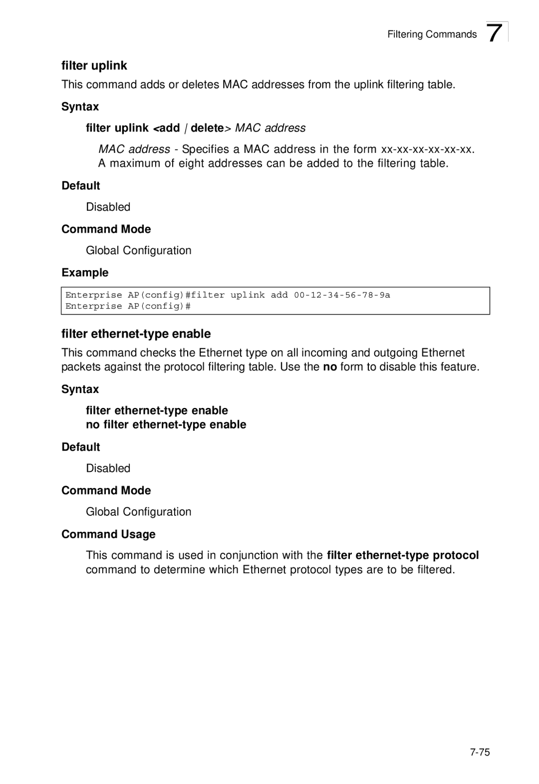 SMC Networks SMC2552W-G2-17 manual Filter ethernet-type enable, Syntax Filter uplink add delete MAC address 