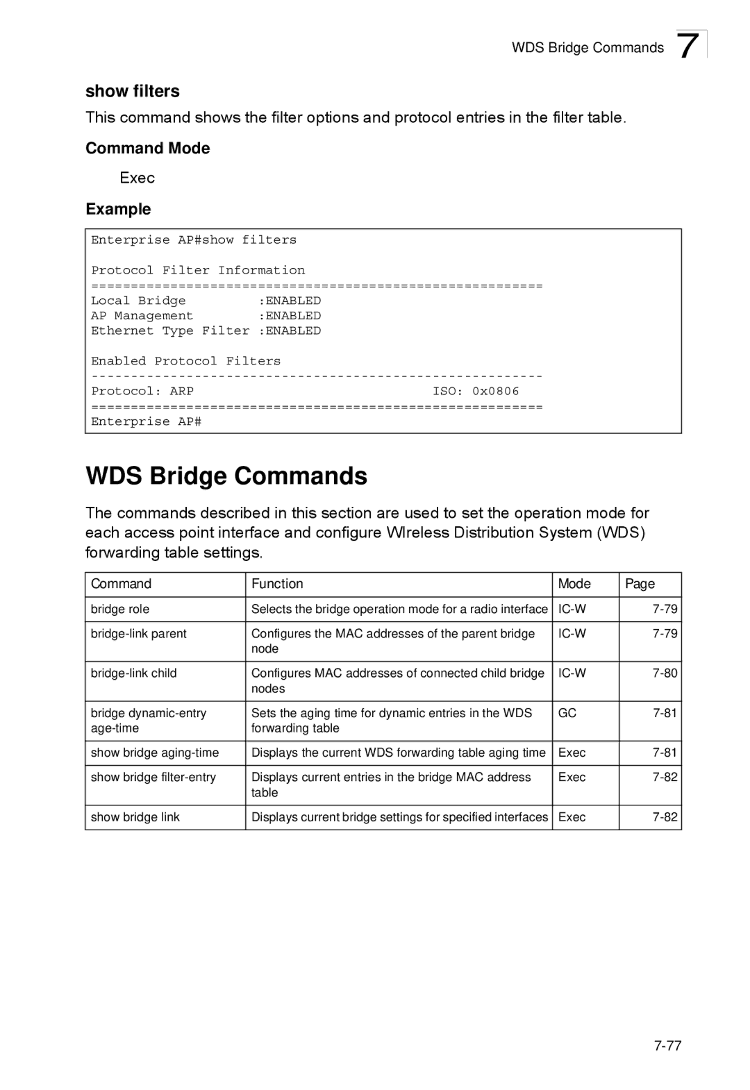 SMC Networks SMC2552W-G2-17 manual WDS Bridge Commands, Show filters, Command Function Mode 