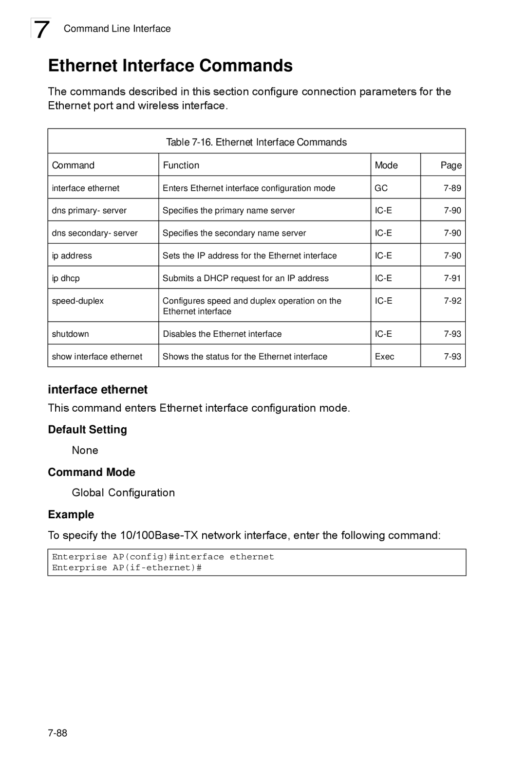 SMC Networks SMC2552W-G2-17 manual Interface ethernet, Ethernet Interface Commands Function Mode 