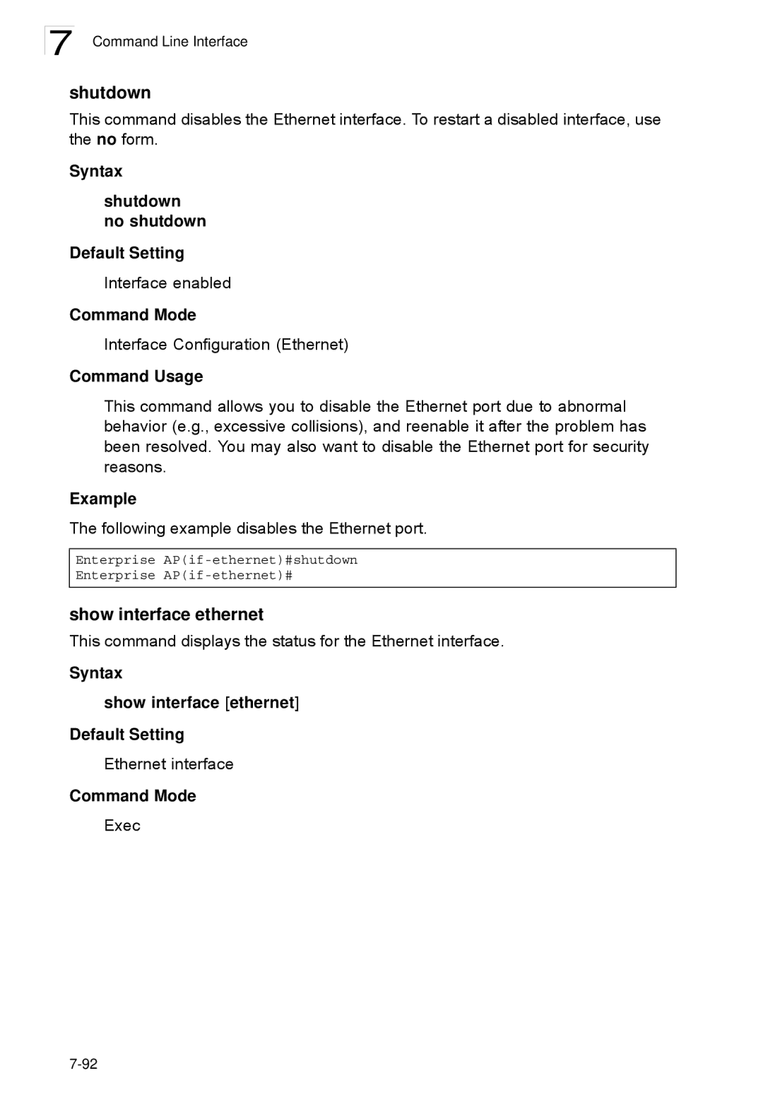 SMC Networks SMC2552W-G2-17 manual Show interface ethernet, Syntax Shutdown no shutdown Default Setting 