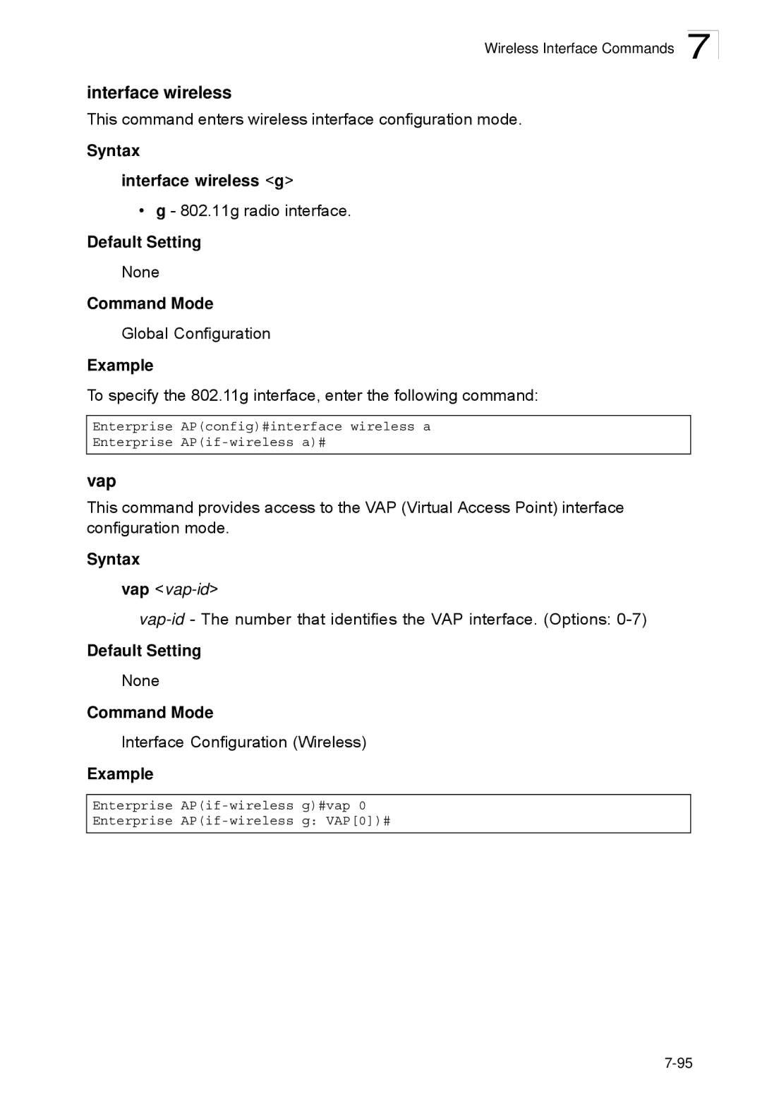 SMC Networks SMC2552W-G2-17 manual Vap, Syntax Interface wireless g 