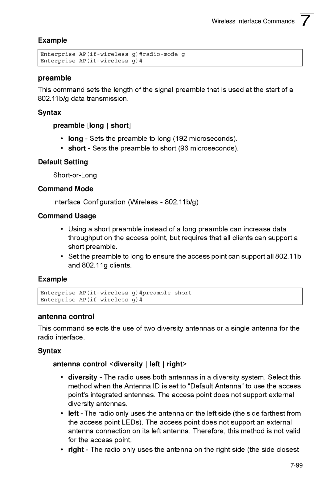 SMC Networks SMC2552W-G2-17 manual Syntax Preamble long short, Syntax Antenna control diversity left right 