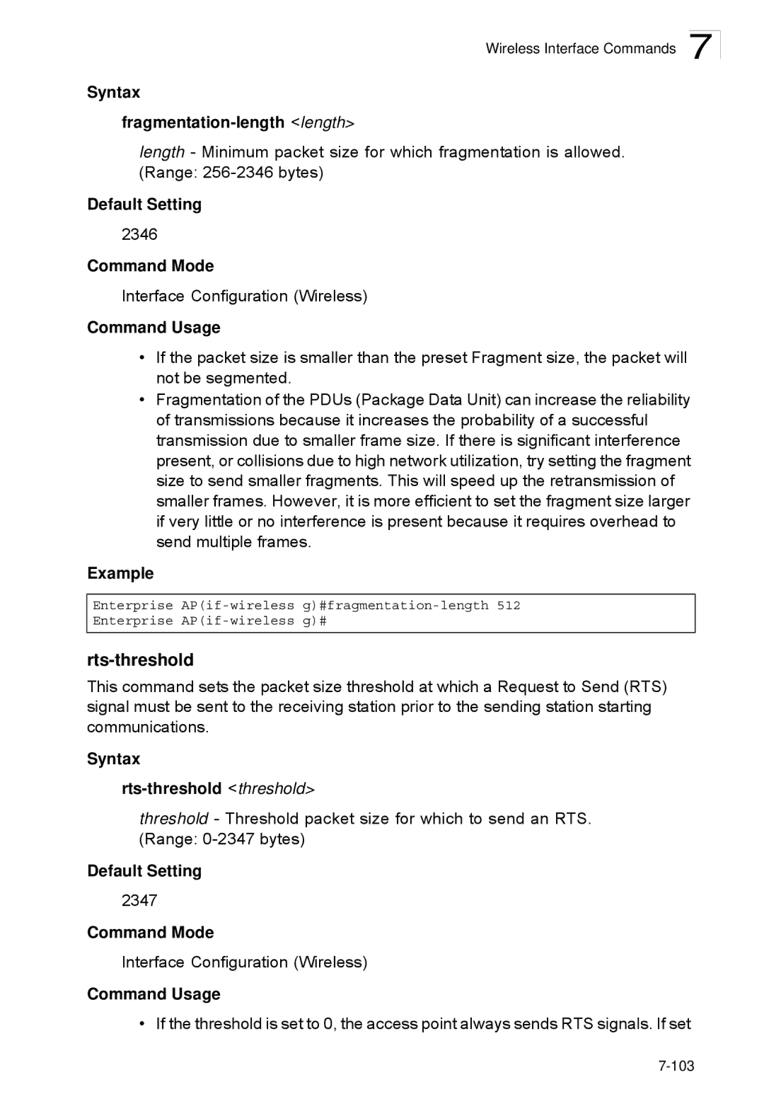 SMC Networks SMC2552W-G2-17 manual Syntax Fragmentation-length length, Syntax Rts-threshold threshold 