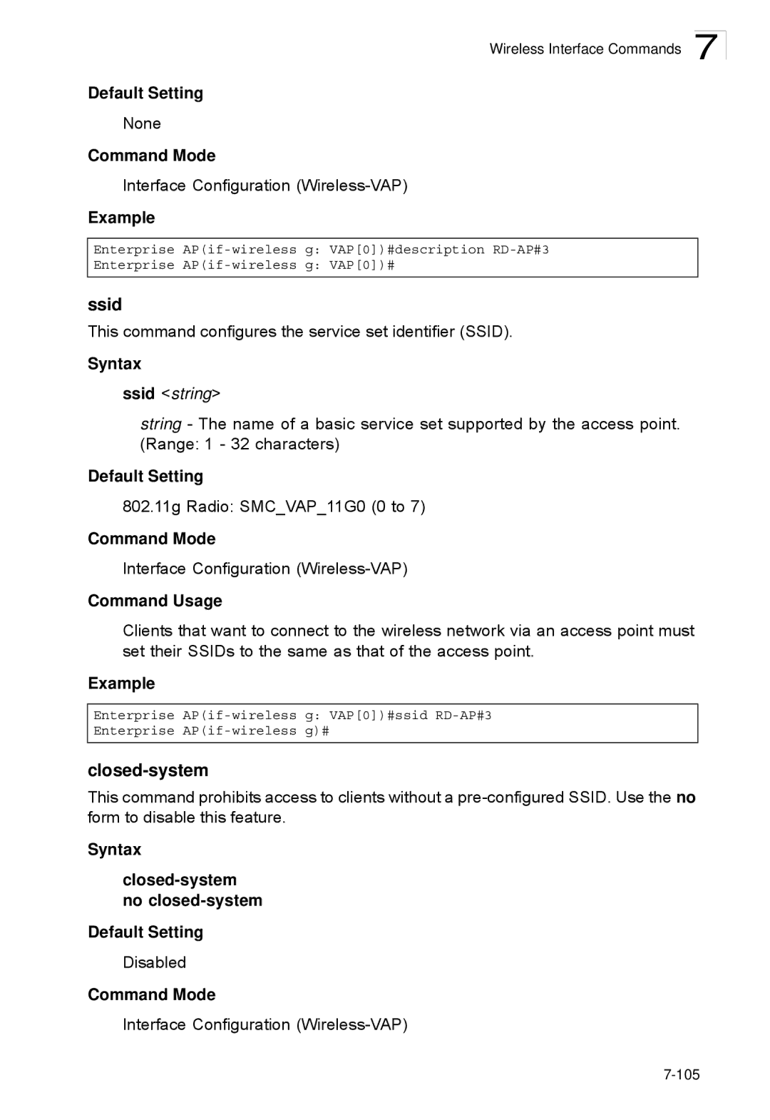 SMC Networks SMC2552W-G2-17 manual Ssid, Syntax Closed-system no closed-system Default Setting 