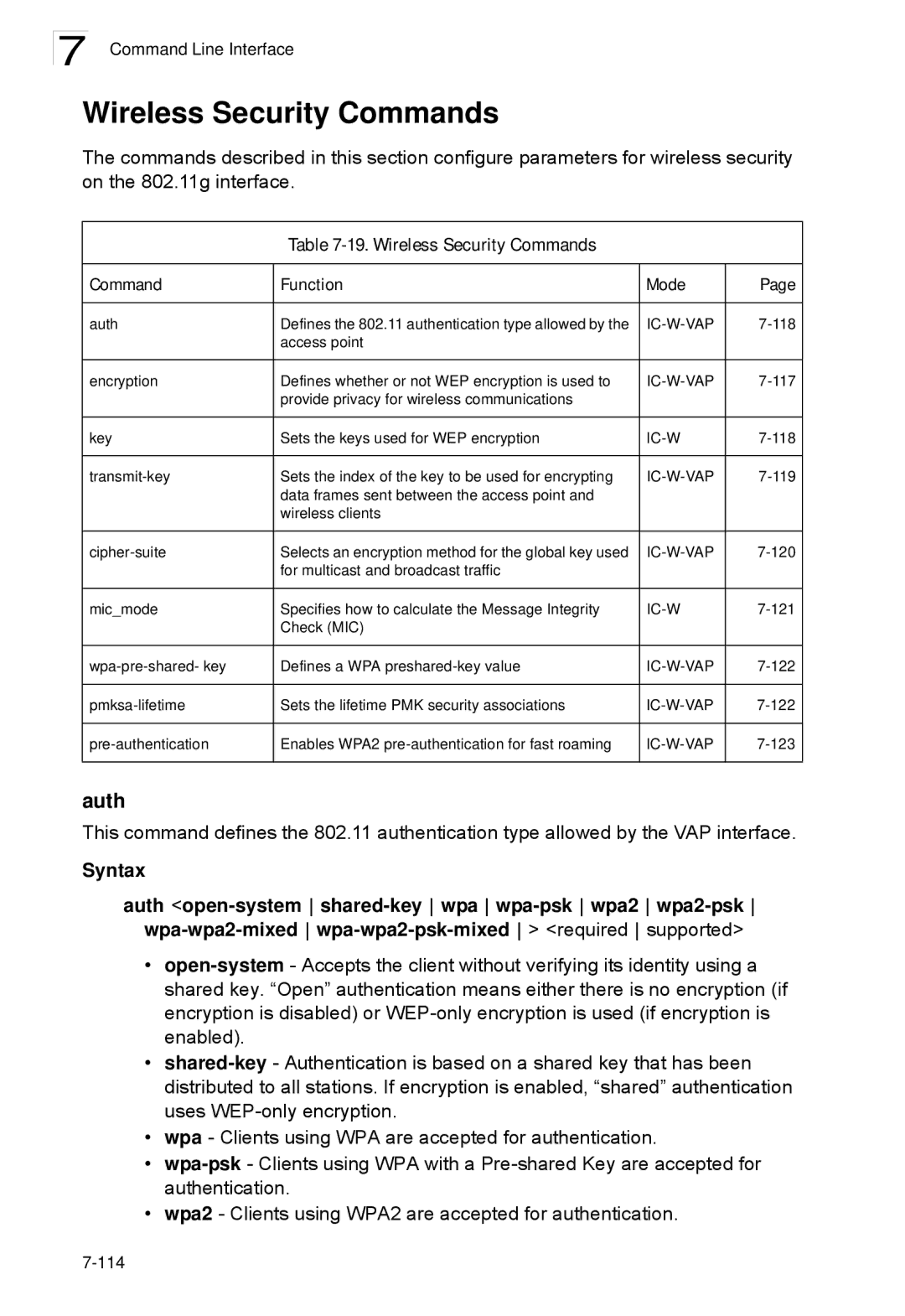 SMC Networks SMC2552W-G2-17 manual Auth, Wireless Security Commands Function Mode 