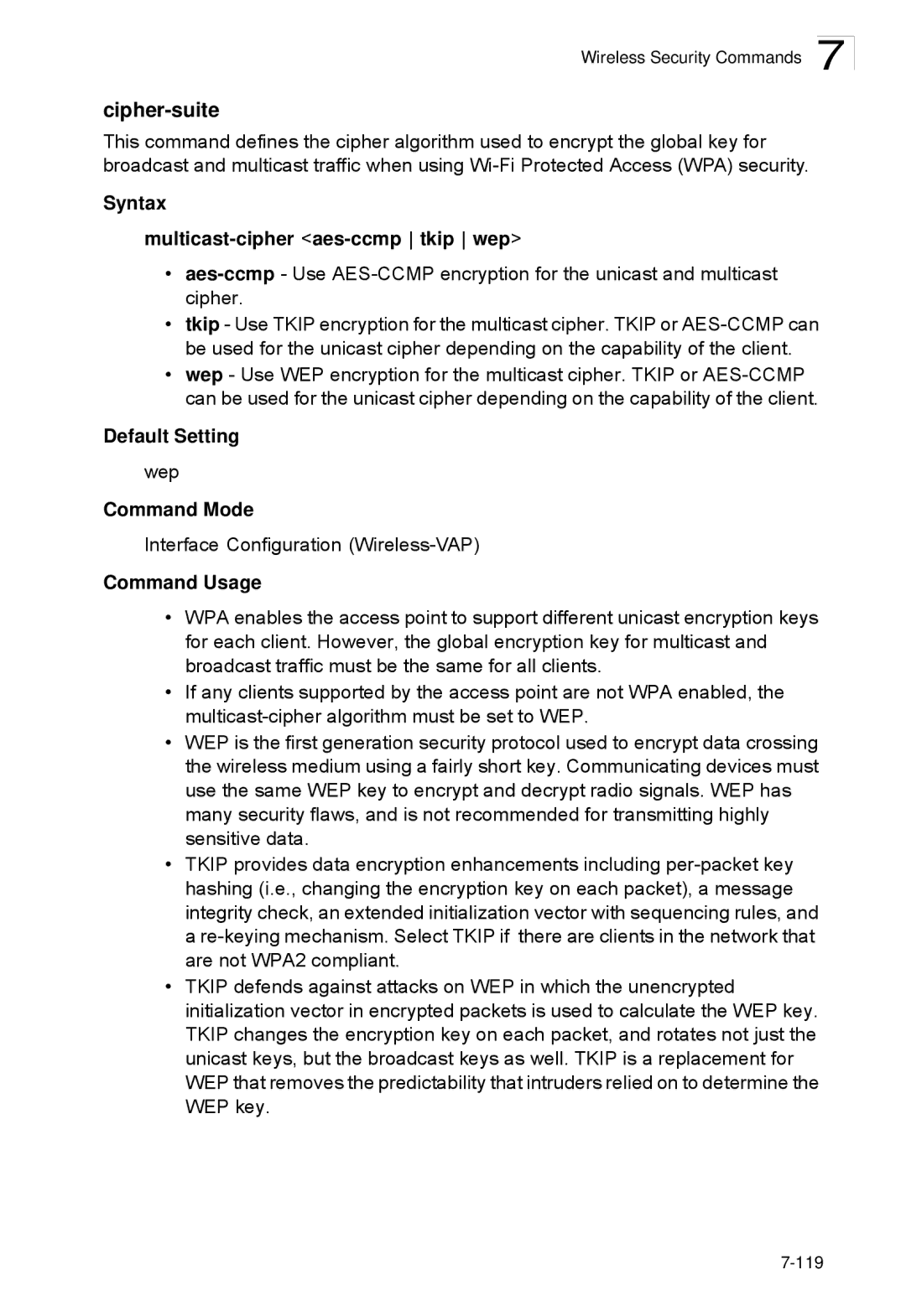 SMC Networks SMC2552W-G2-17 manual Cipher-suite, Syntax Multicast-cipher aes-ccmp tkip wep 