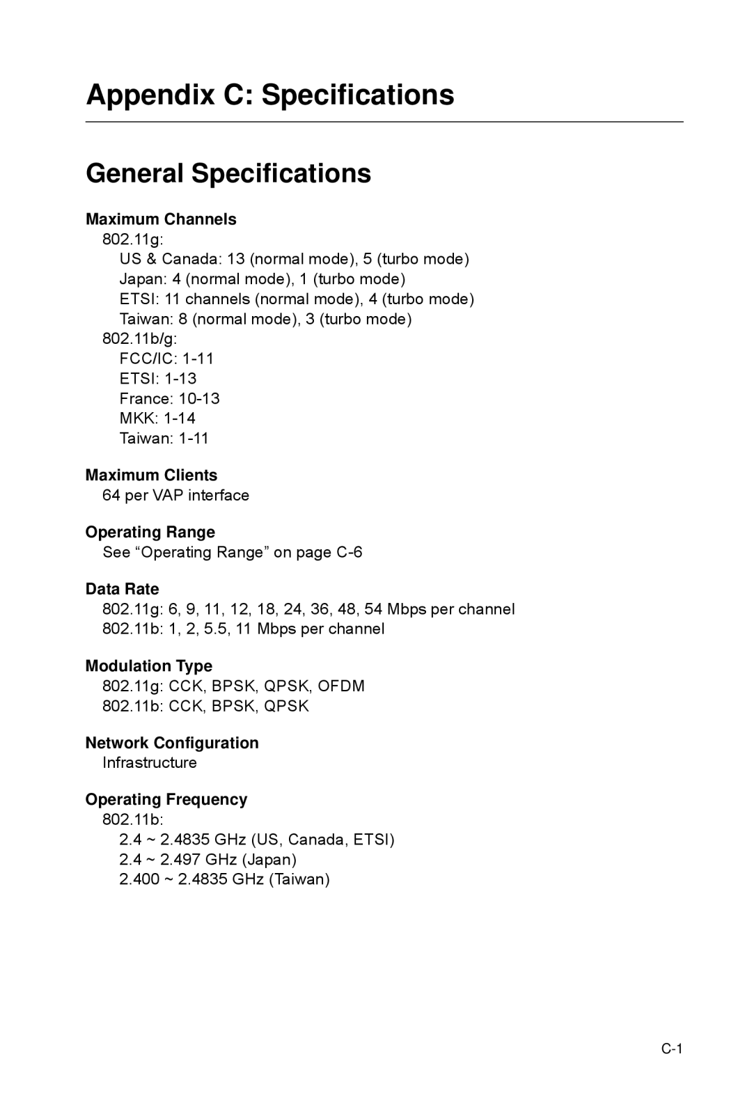 SMC Networks SMC2552W-G2-17 manual Maximum Channels, Maximum Clients, Operating Range, Data Rate, Modulation Type 