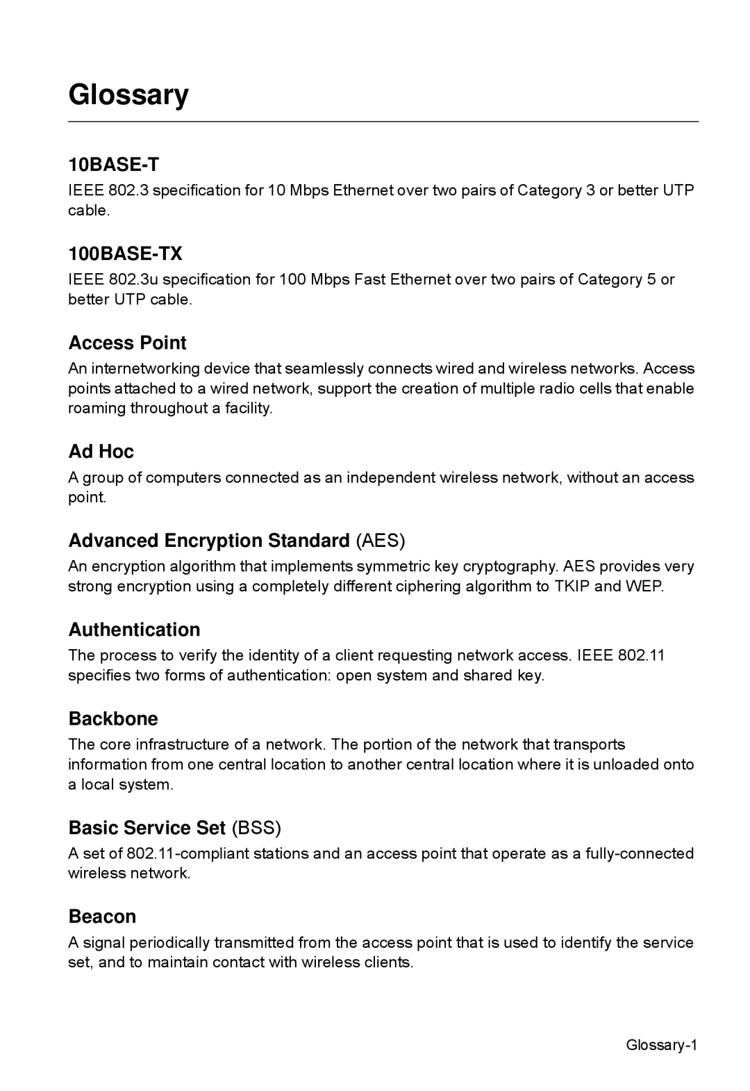 SMC Networks SMC2552W-G2 Access Point, Ad Hoc, Advanced Encryption Standard AES, Backbone, Basic Service Set BSS, Beacon 