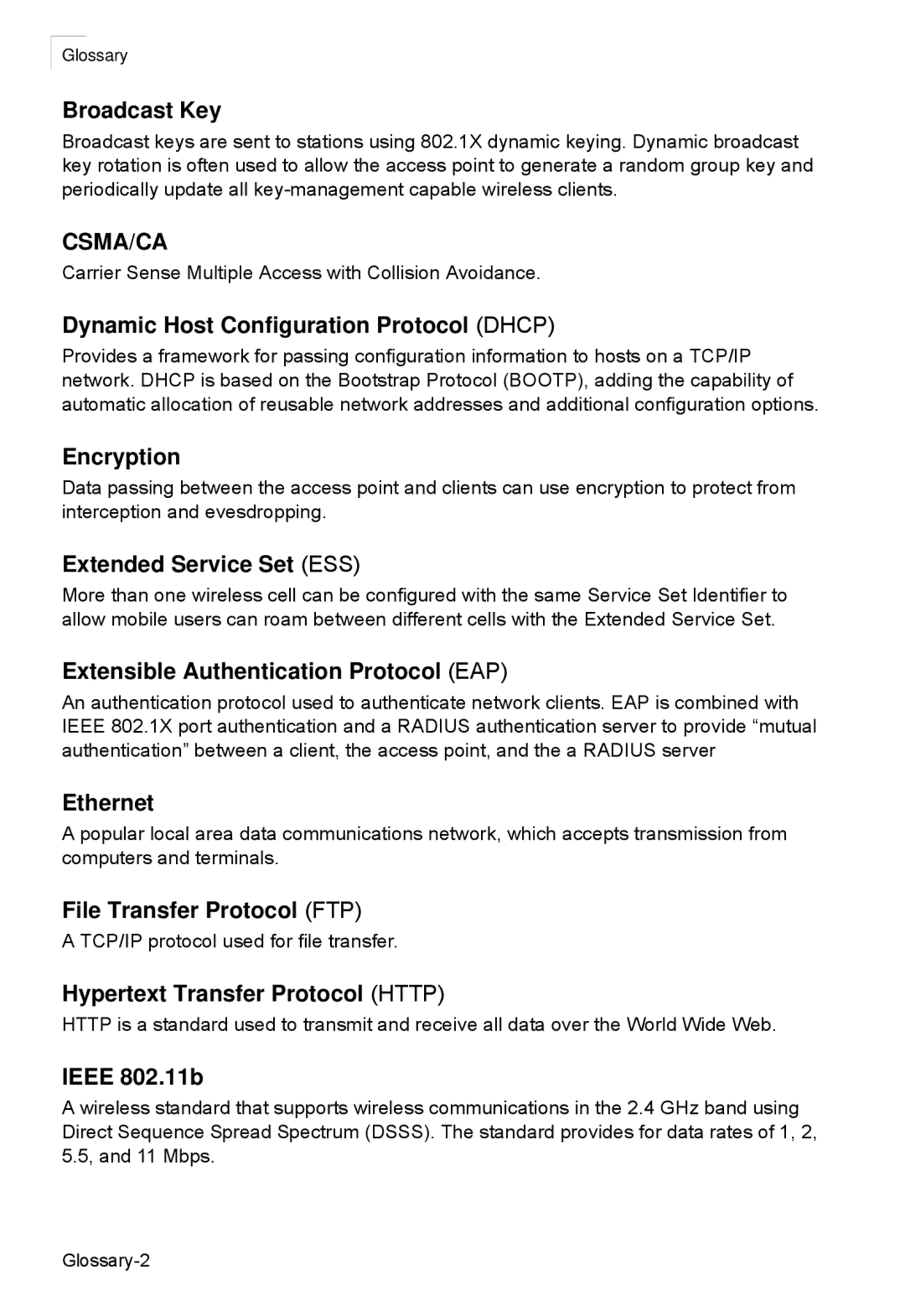 SMC Networks SMC2552W-G2-17 Broadcast Key, Dynamic Host Configuration Protocol Dhcp, Encryption, Extended Service Set ESS 