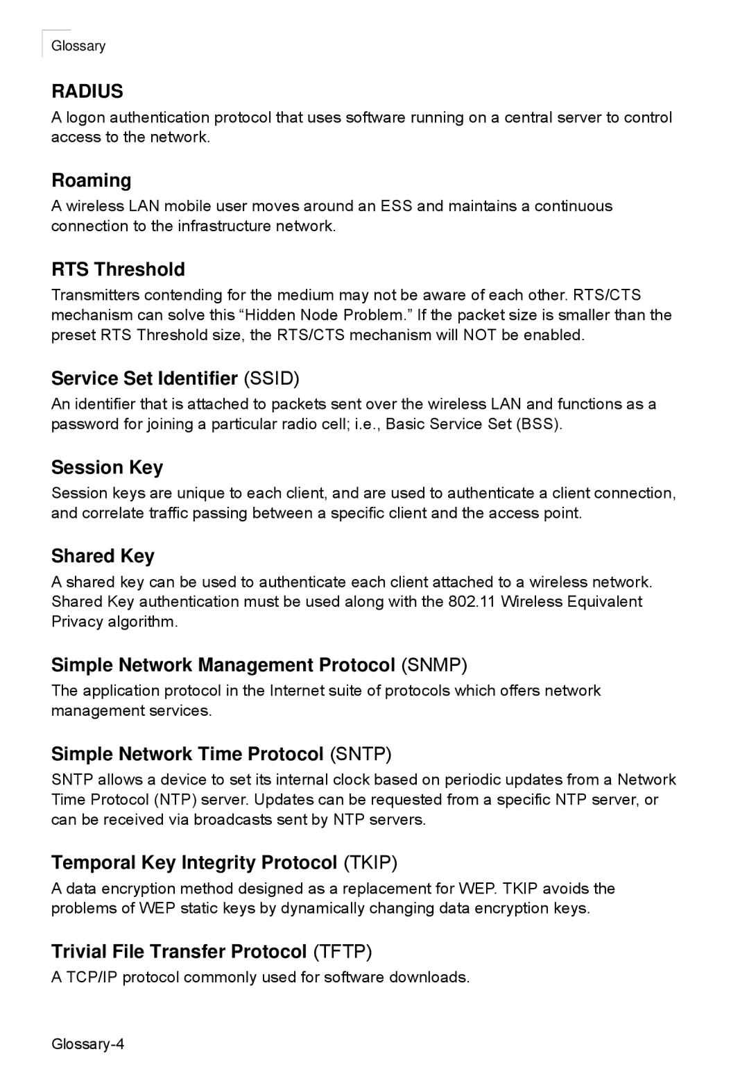 SMC Networks SMC2552W-G2-17 manual Roaming, RTS Threshold, Service Set Identifier Ssid, Session Key, Shared Key 