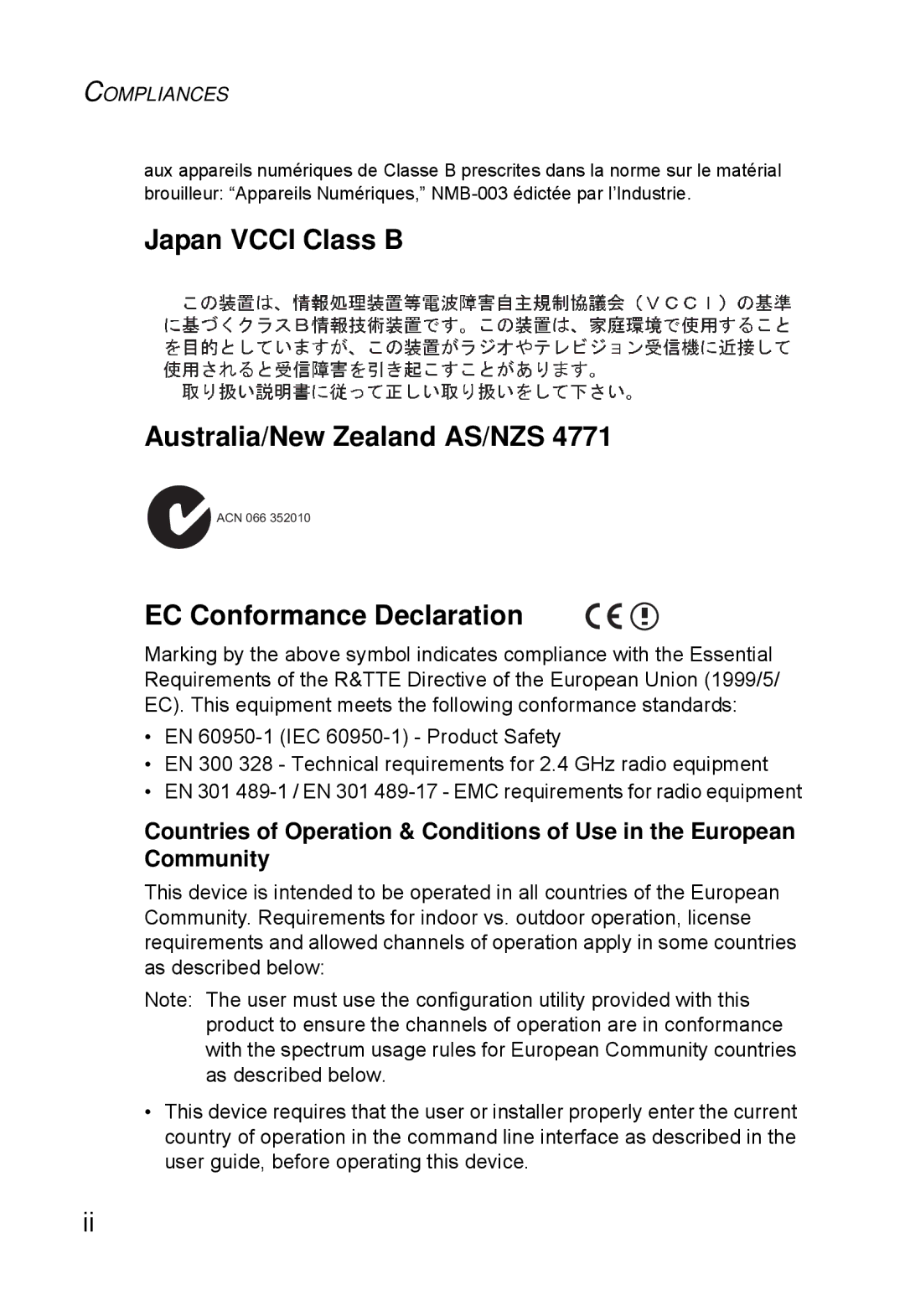 SMC Networks SMC2552W-G2-17 manual Japan Vcci Class B Australia/New Zealand AS/NZS 