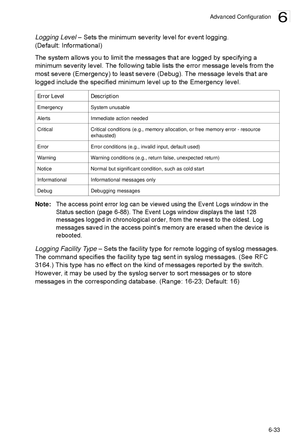 SMC Networks SMC2552W-G2-17 manual Error Level Description 