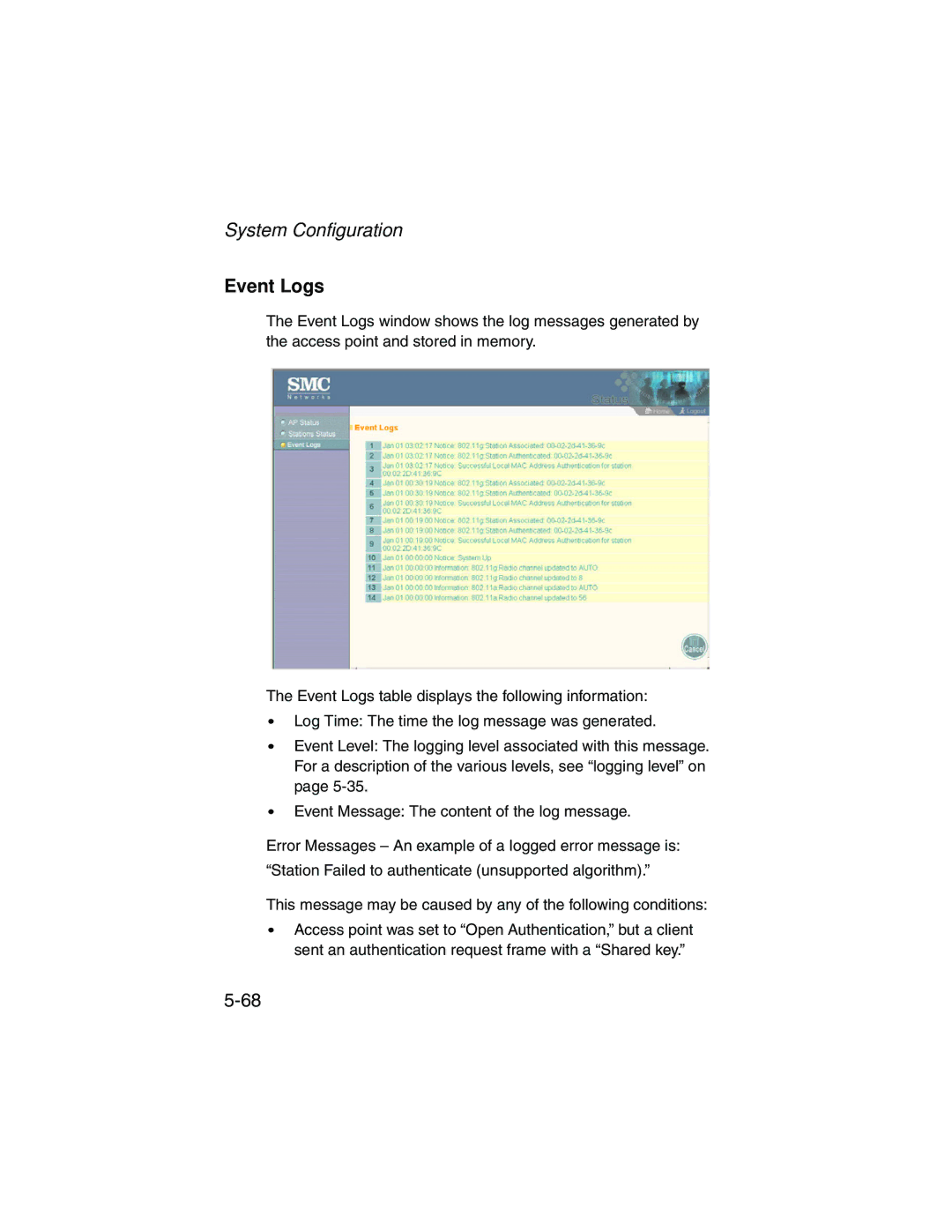 SMC Networks SMC2555W-AG manual Event Logs 