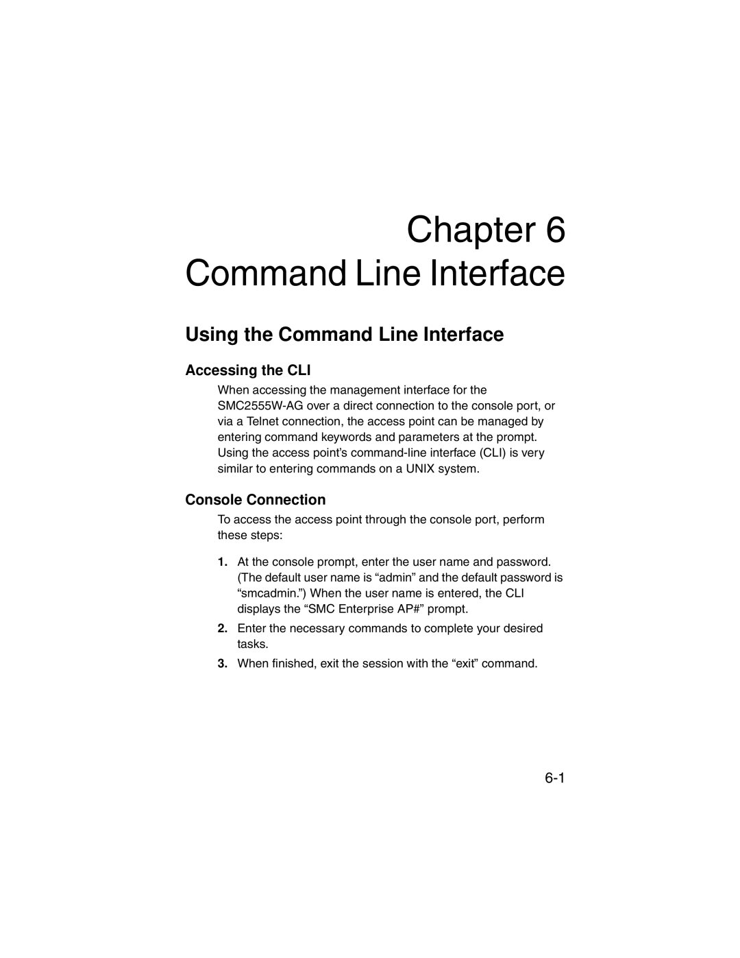 SMC Networks SMC2555W-AG manual Using the Command Line Interface, Accessing the CLI, Console Connection 