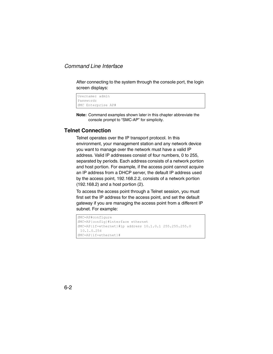 SMC Networks SMC2555W-AG manual Command Line Interface, Telnet Connection 