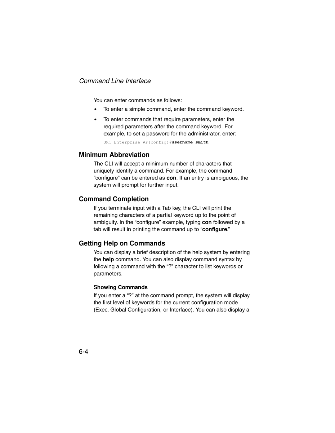 SMC Networks SMC2555W-AG manual Minimum Abbreviation, Command Completion, Getting Help on Commands, Showing Commands 