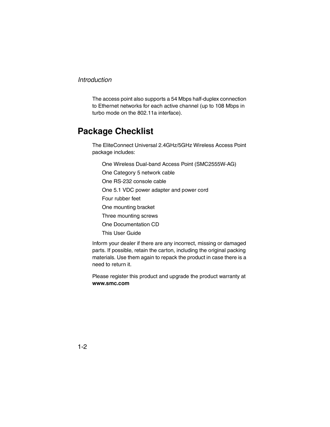 SMC Networks SMC2555W-AG manual Package Checklist, Introduction 