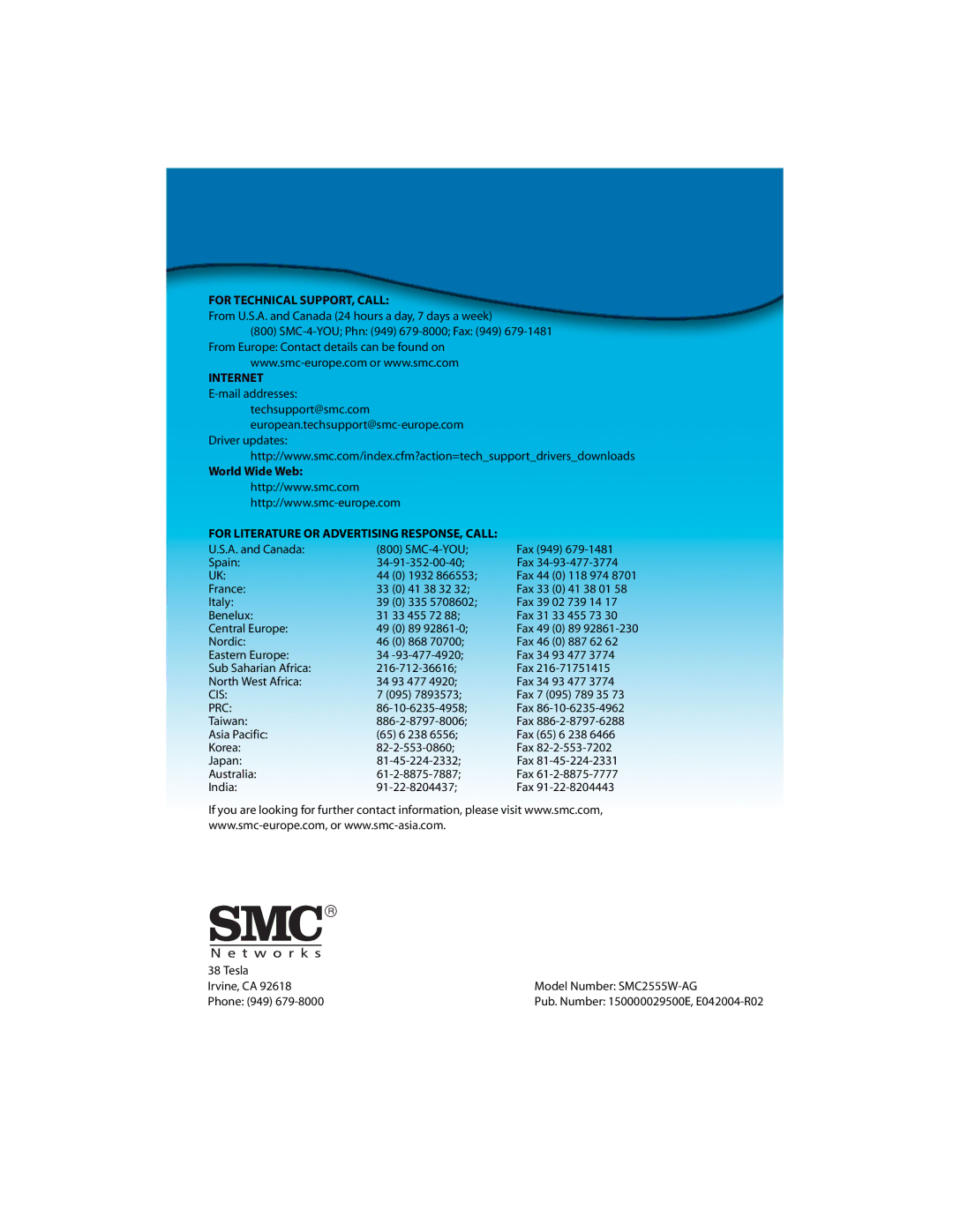 SMC Networks SMC2555W-AG manual For Technical SUPPORT, Call 