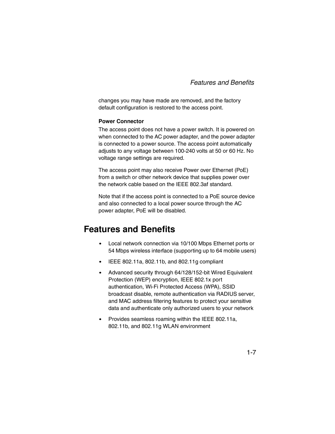 SMC Networks SMC2555W-AG manual Features and Benefits, Power Connector 