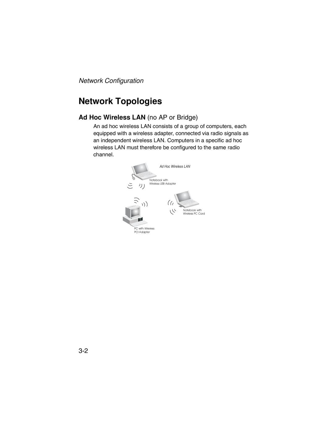 SMC Networks SMC2555W-AG manual Network Topologies, Network Configuration, Ad Hoc Wireless LAN no AP or Bridge 