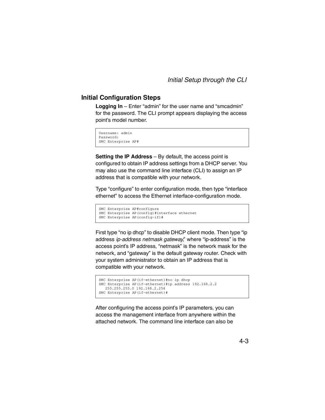 SMC Networks SMC2555W-AG manual Initial Setup through the CLI, Initial Configuration Steps 