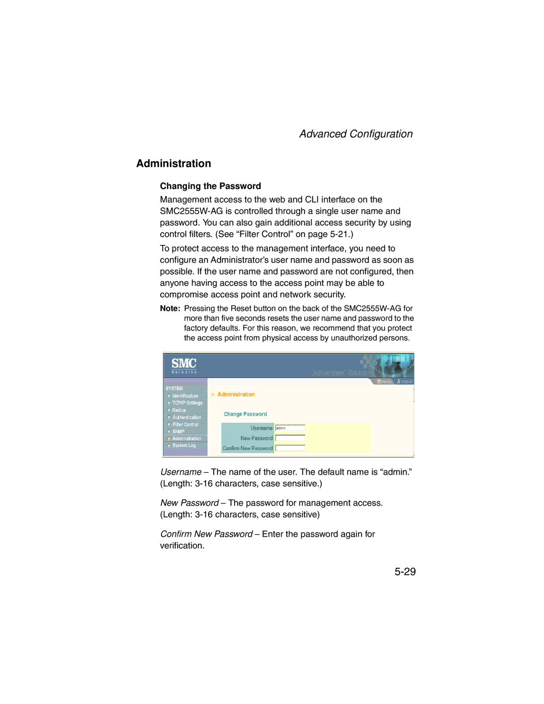 SMC Networks SMC2555W-AG manual Administration, Changing the Password 