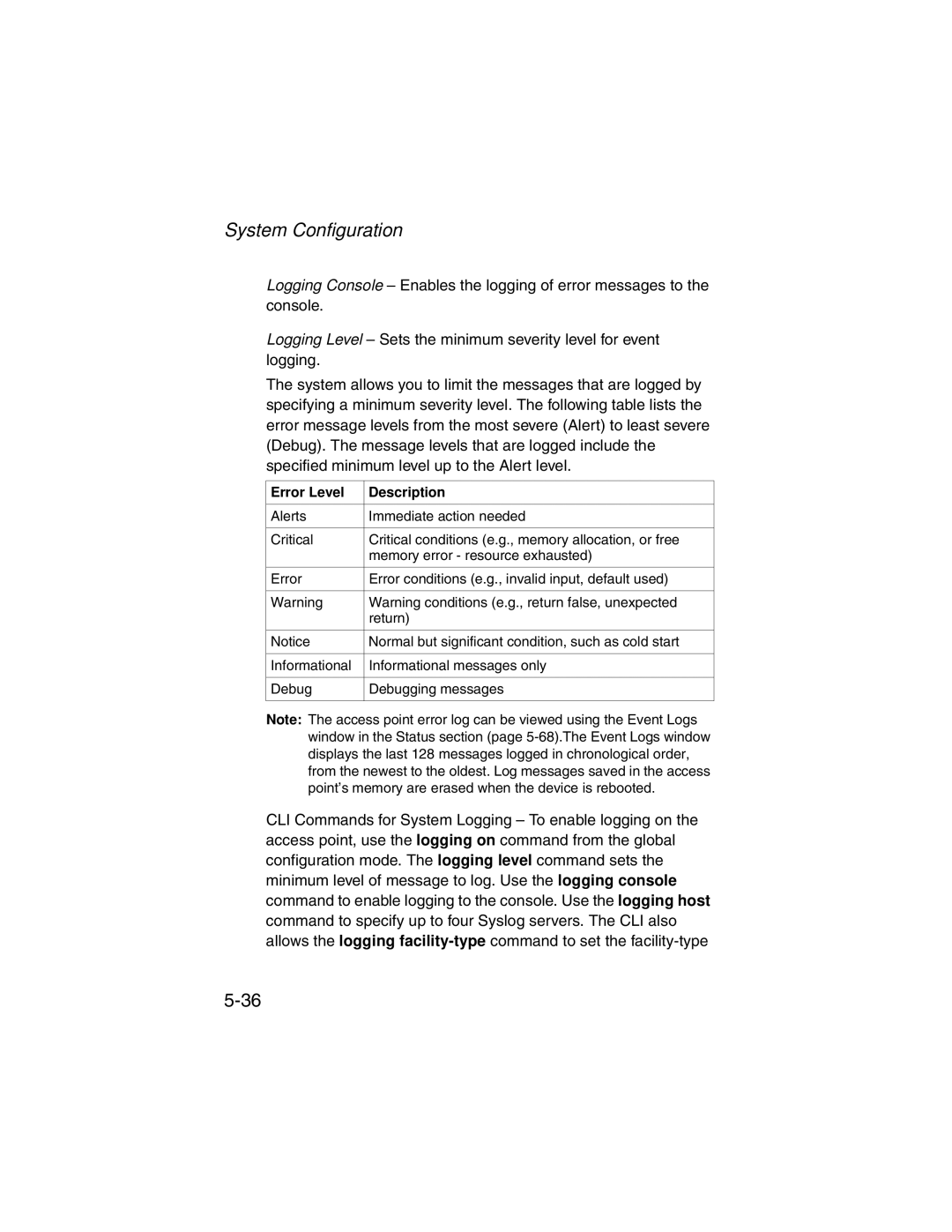 SMC Networks SMC2555W-AG manual Error Level Description 