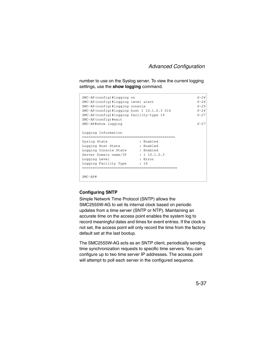 SMC Networks SMC2555W-AG manual Configuring Sntp 