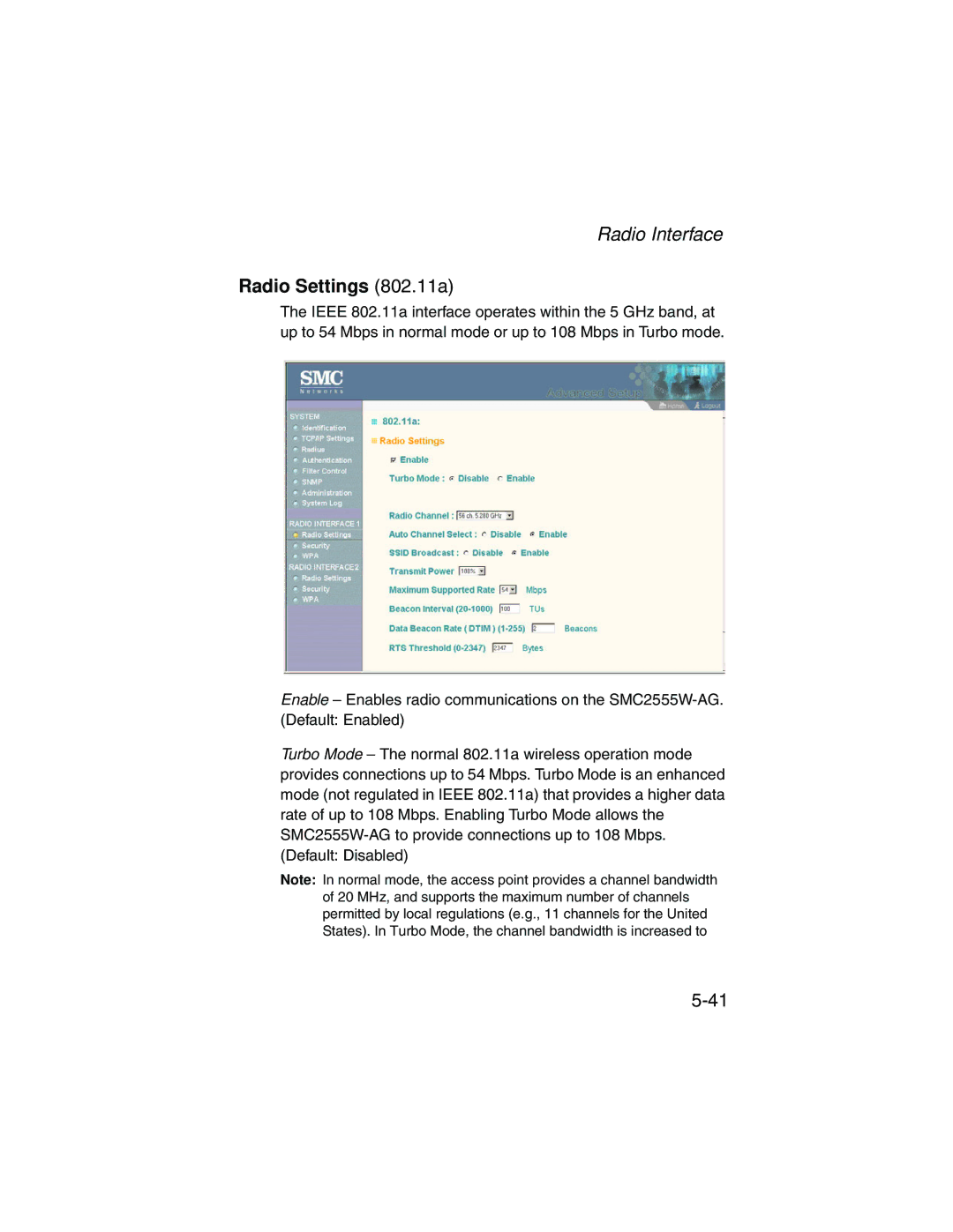 SMC Networks SMC2555W-AG manual Radio Interface, Radio Settings 802.11a 