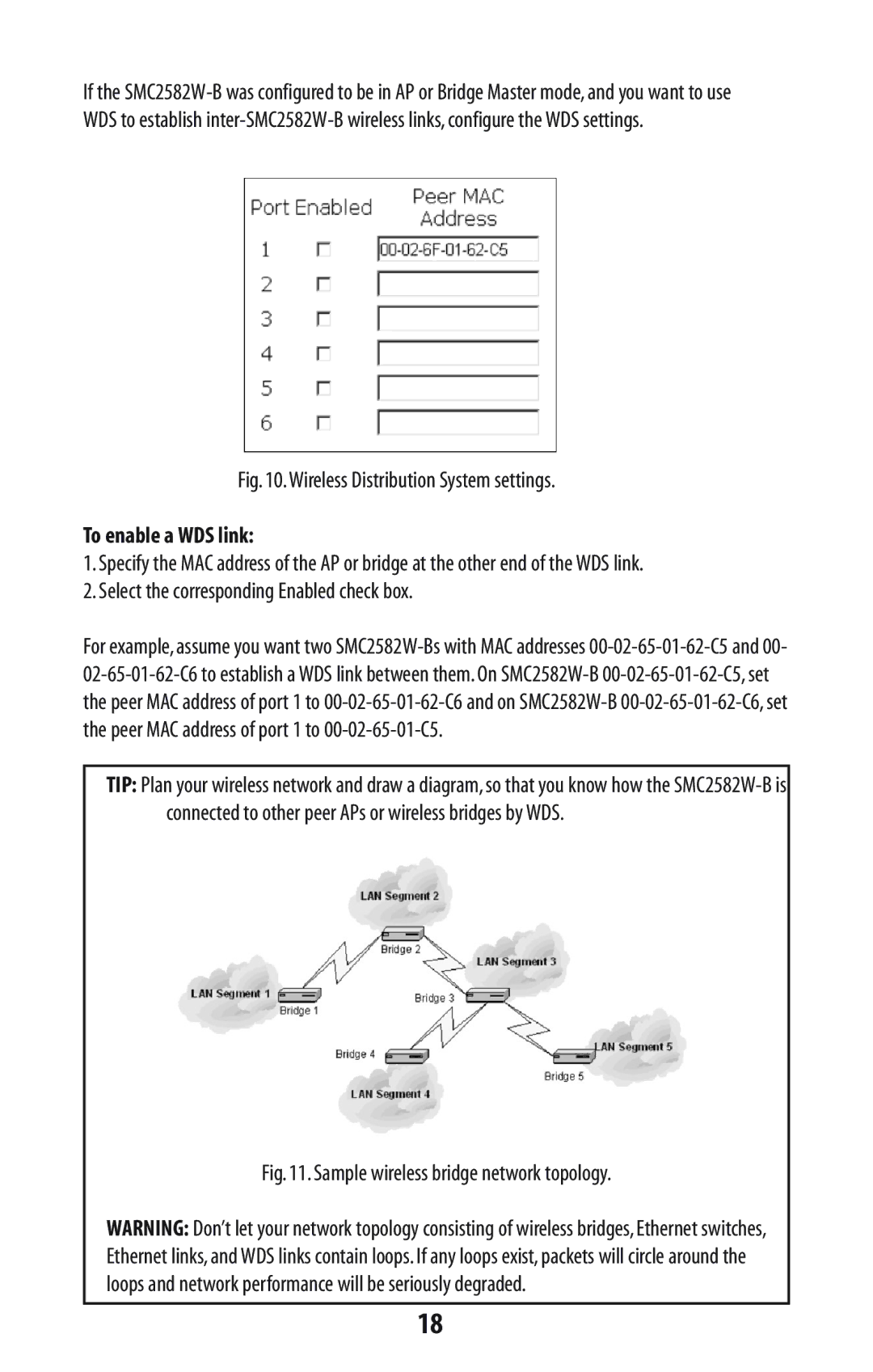 SMC Networks SMC2582W-B manual Wireless Distribution System settings To enable a WDS link 