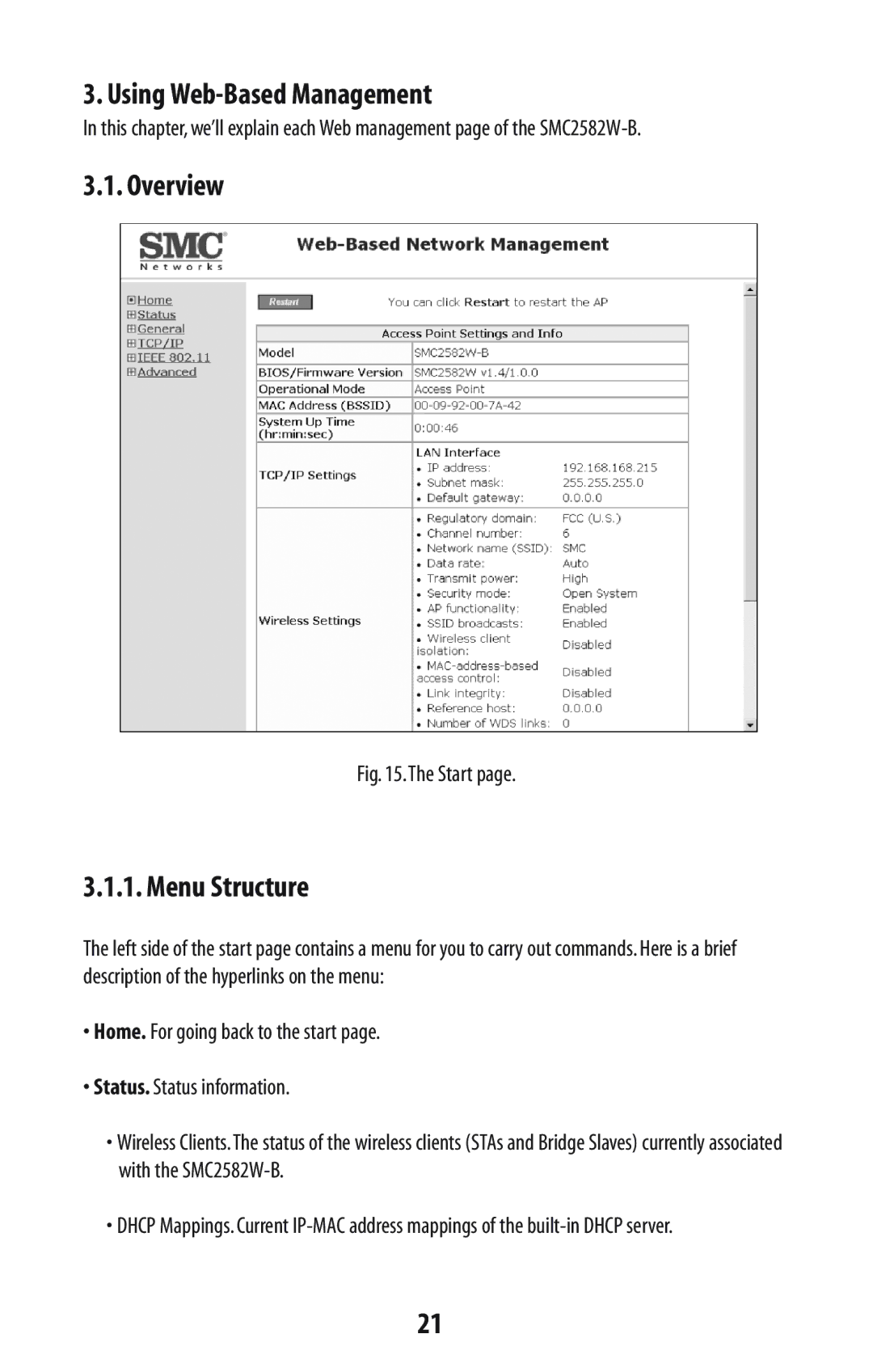 SMC Networks SMC2582W-B manual Using Web-Based Management, Overview, Menu Structure 