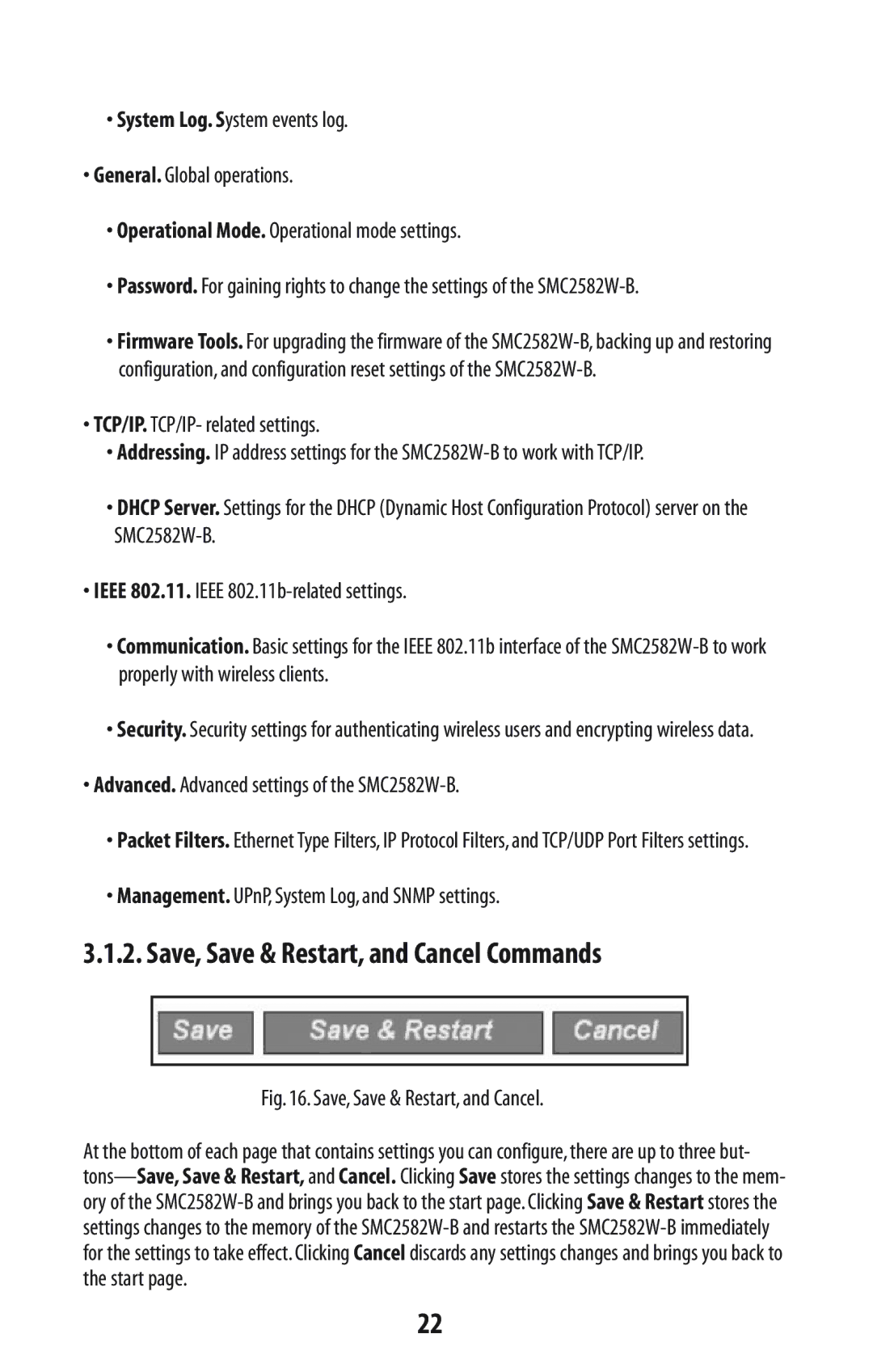 SMC Networks manual Save, Save & Restart, and Cancel Commands, Advanced. Advanced settings of the SMC2582W-B 