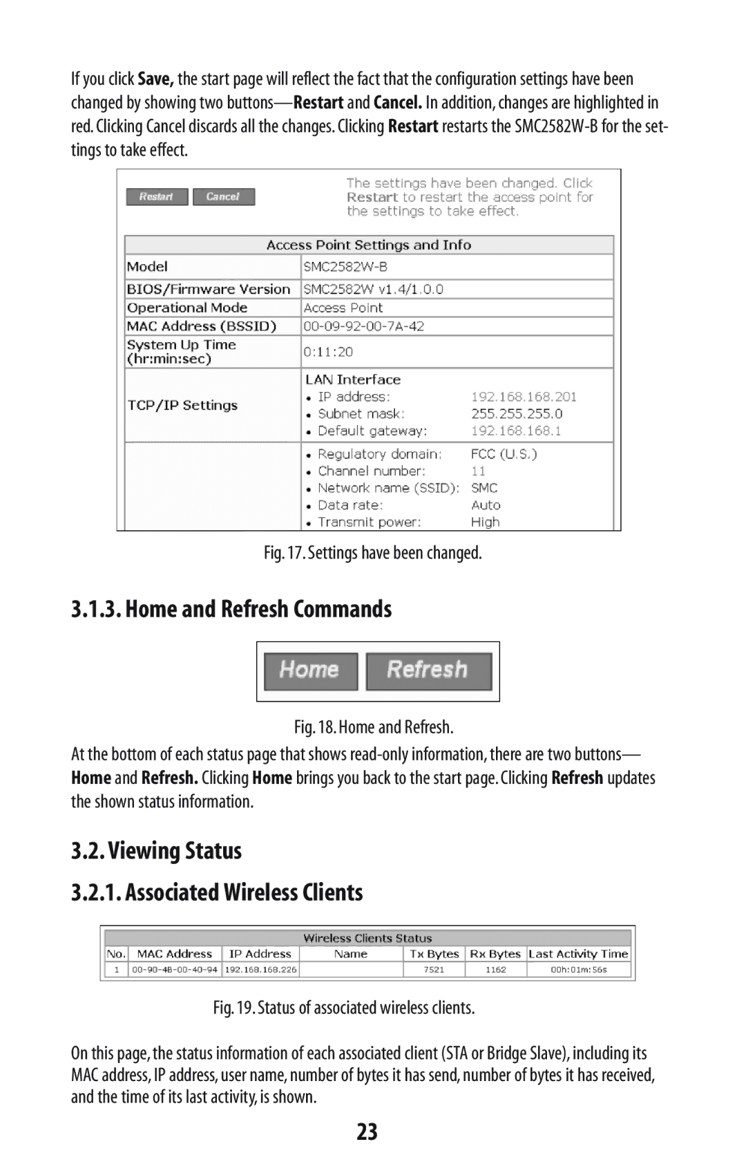 SMC Networks SMC2582W-B manual Home and Refresh Commands, Viewing Status Associated Wireless Clients 