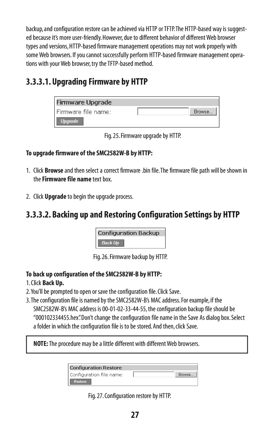 SMC Networks SMC2582W-B manual Upgrading Firmware by Http, Configuration restore by Http 