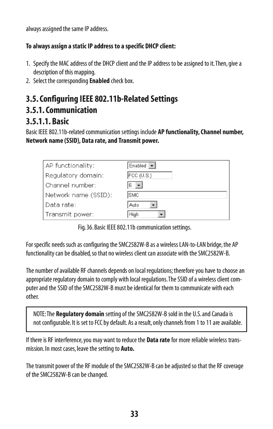 SMC Networks SMC2582W-B manual Basic Ieee 802.11b communication settings 