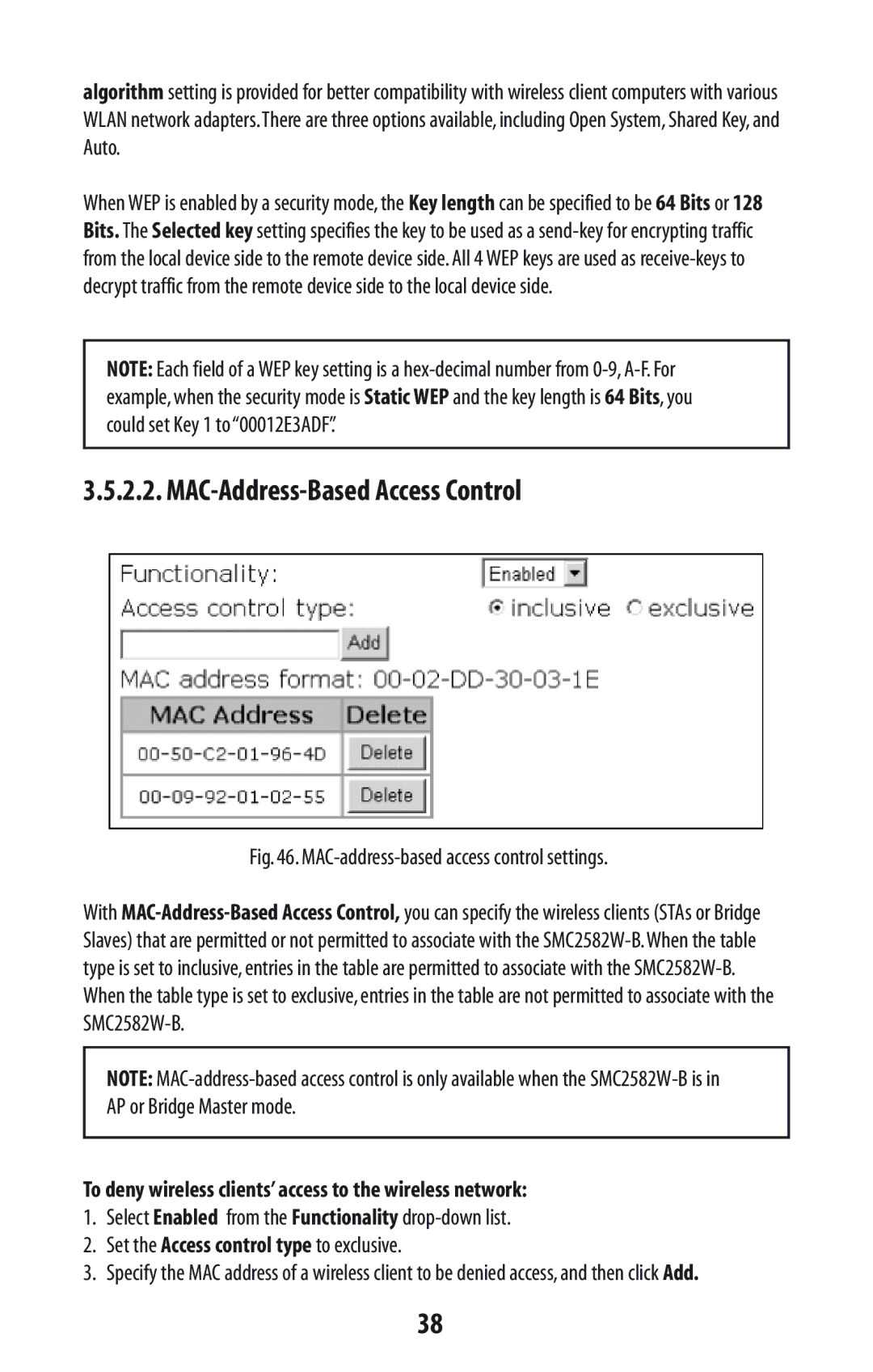 SMC Networks SMC2582W-B manual MAC-Address-Based Access Control, MAC-address-based access control settings 