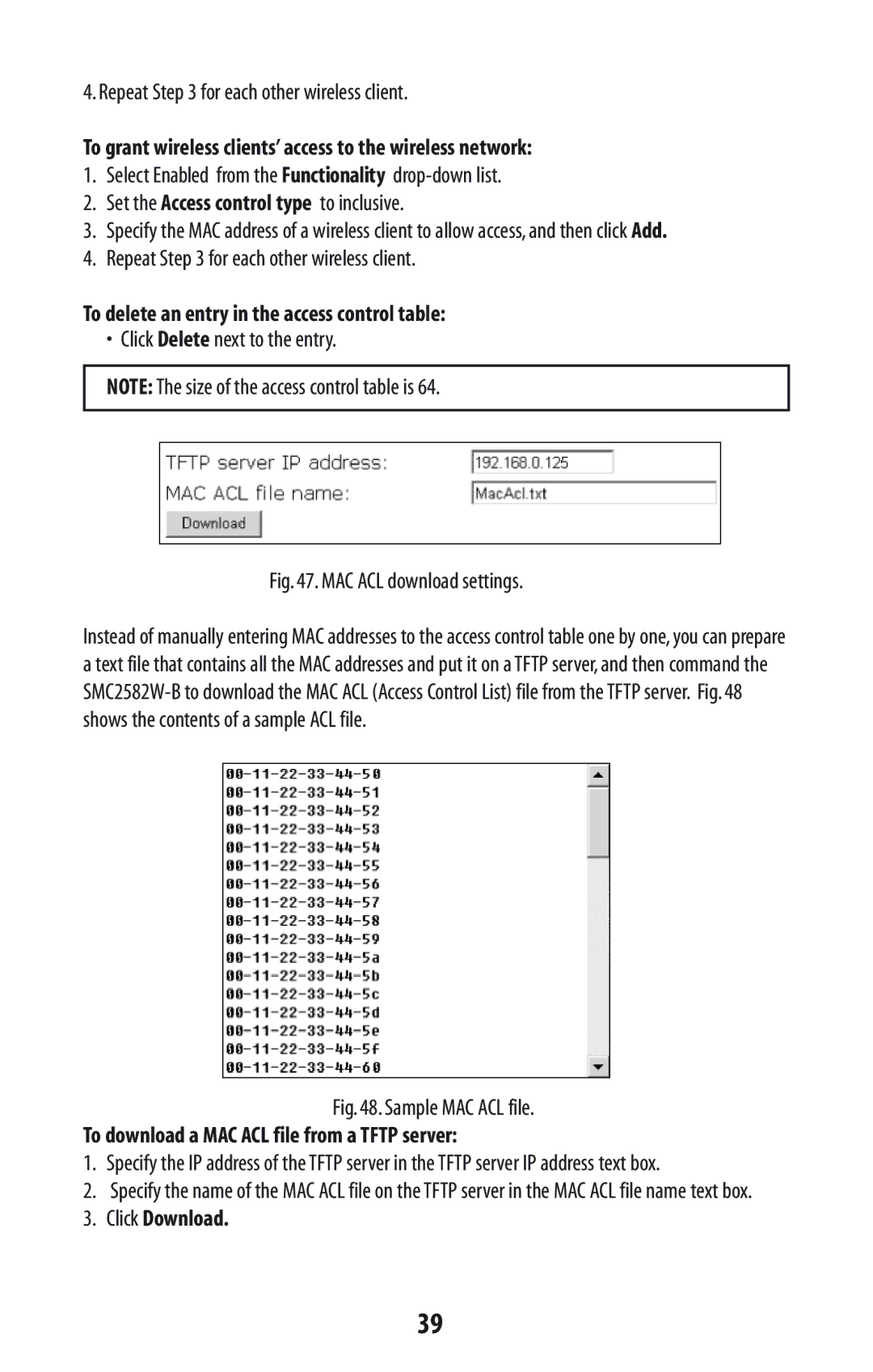 SMC Networks SMC2582W-B manual MAC ACL download settings, Click Download 