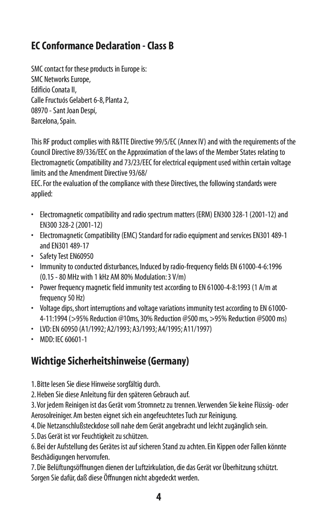 SMC Networks SMC2582W-B manual EC Conformance Declaration Class B, Wichtige Sicherheitshinweise Germany, Edificio Conata 