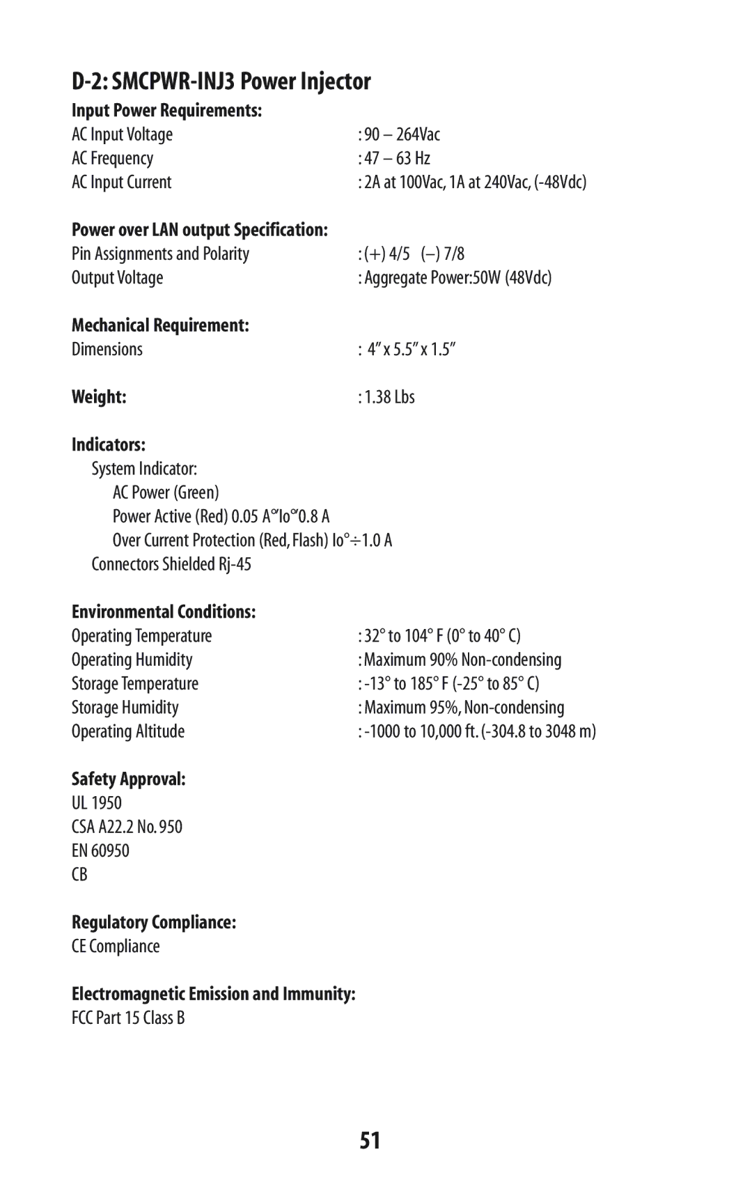 SMC Networks SMC2582W-B manual SMCPWR-INJ3 Power Injector, Pin Assignments and Polarity + 4/5 7/8 Output Voltage 