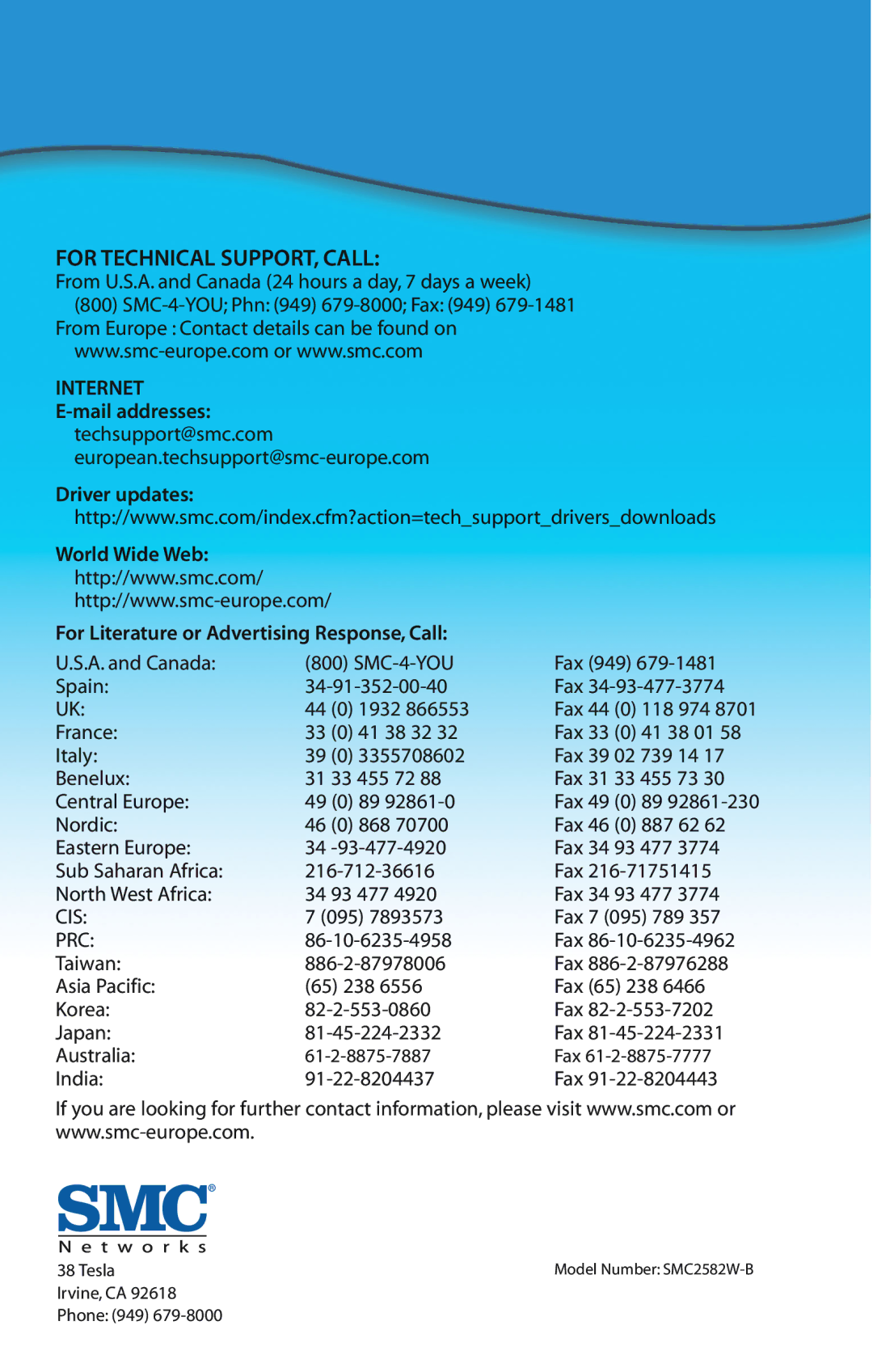 SMC Networks SMC2582W-B manual For Technical SUPPORT, Call 