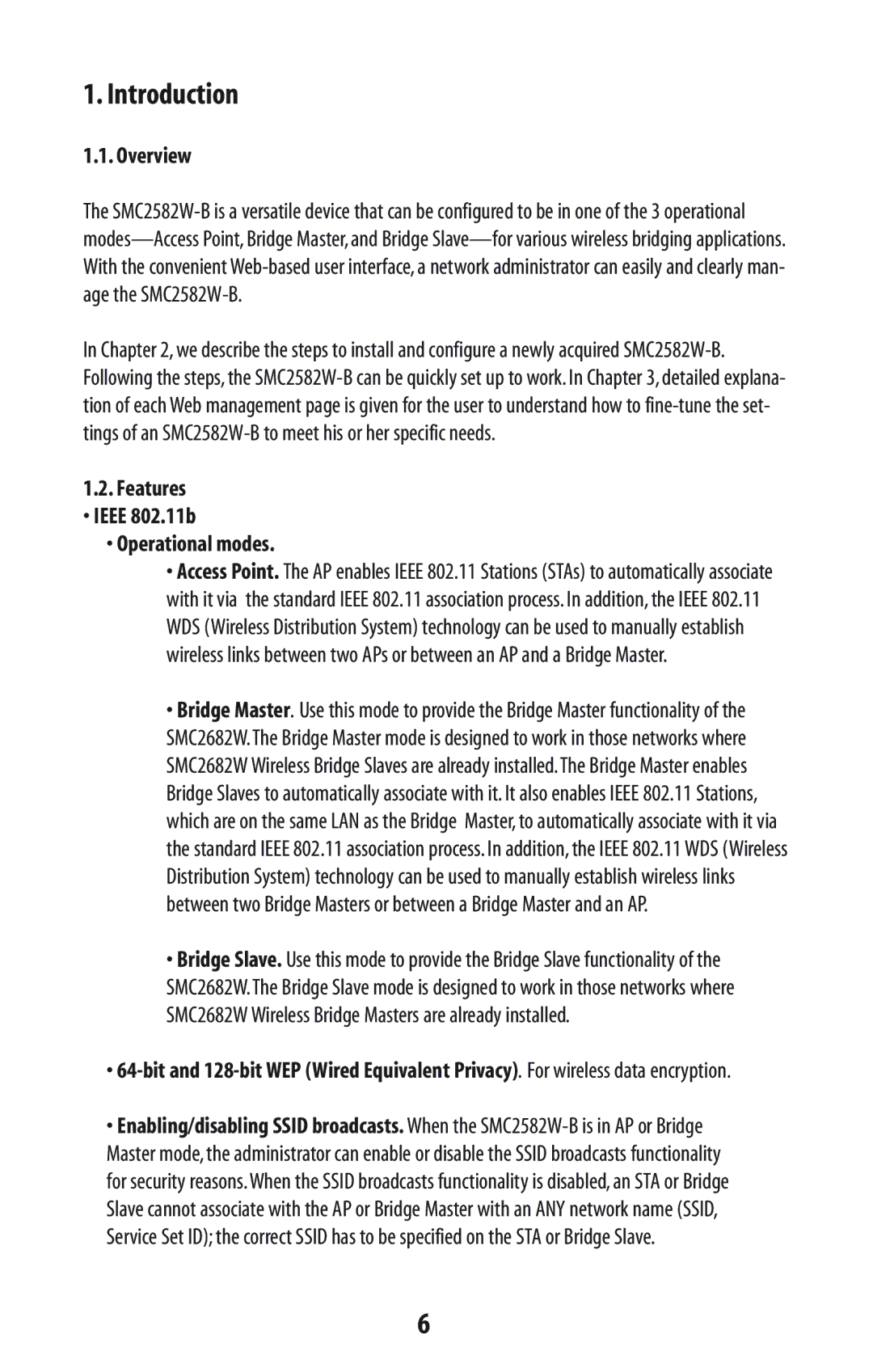 SMC Networks SMC2582W-B manual Introduction, Overview, Features Ieee 802.11b Operational modes 